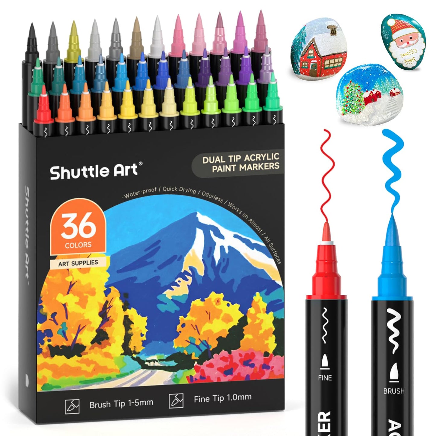 Shuttle Art Dual Tip Acrylic Paint Pens, 36 Colours Fine & Brush Paint Marker Pens, Paint Pens for Rock Painting, Ceramic, Wood, Fabric, Glass, Art