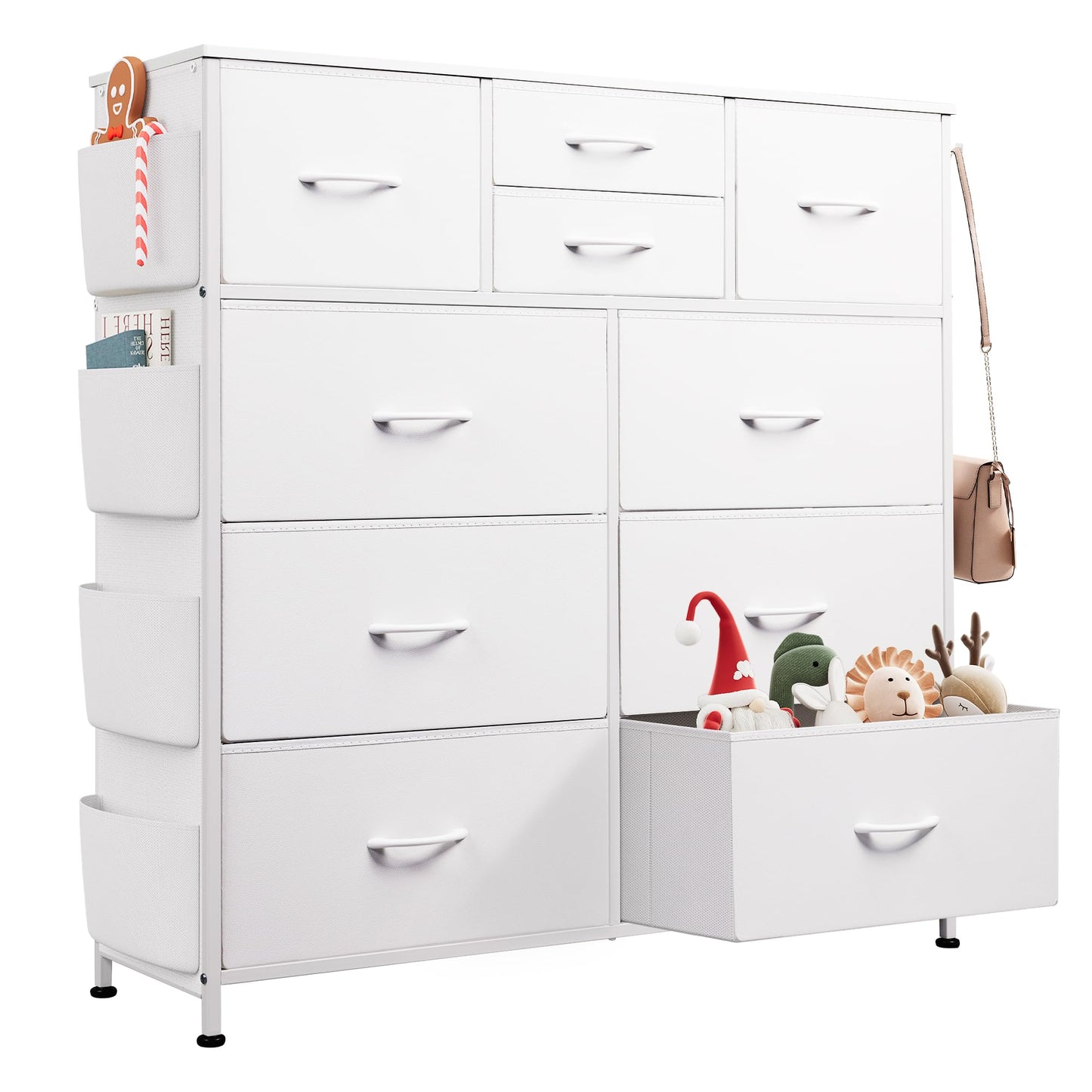 WLIVE White Chest of Drawers with Side Pockets, 10 Fabric Drawers Bedroom