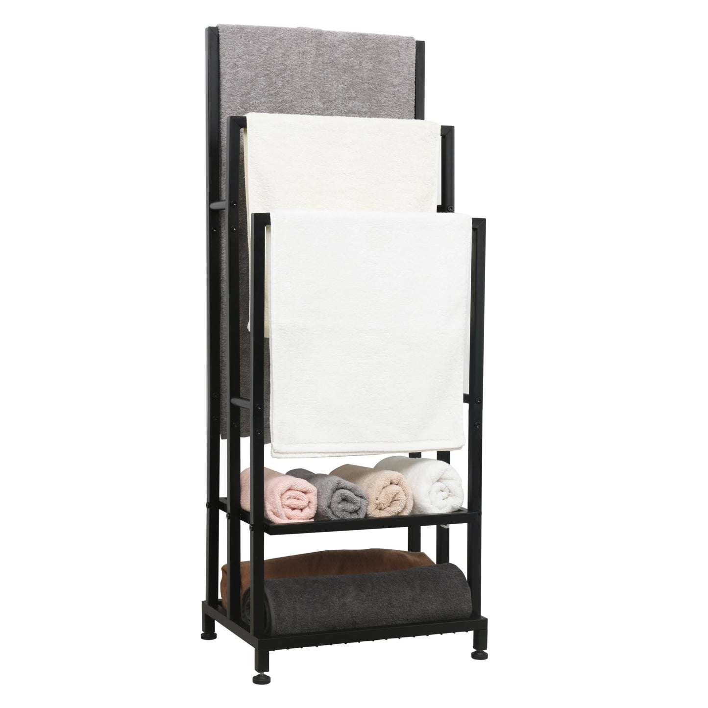 LOFTEY Free Standing Towel Rail, Towel Stand with 2 Storage Shelves, 3 Tier Towel Rack Free Standing, Freestanding Towel Rail for Bathroom & Bedroom,