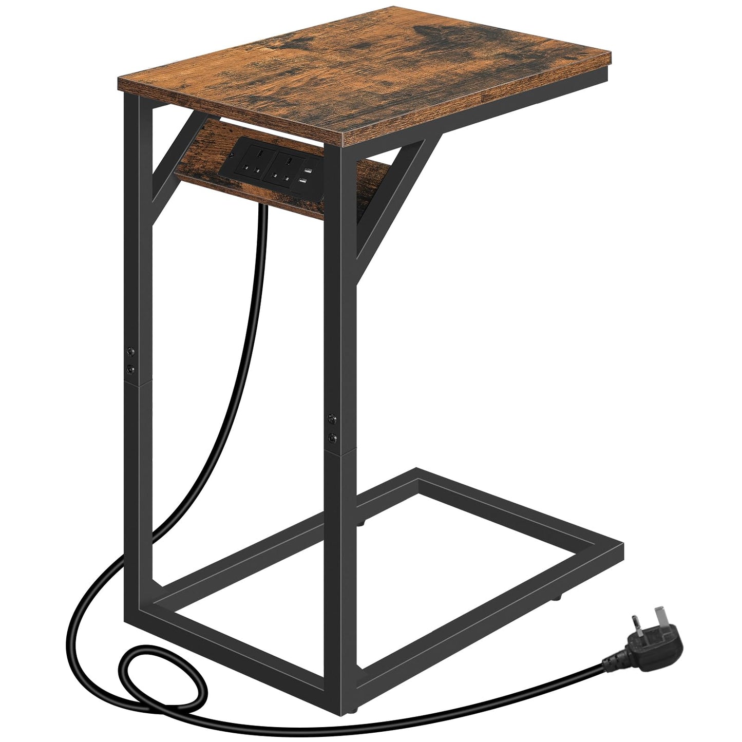 HOOBRO C Shaped Side Table, Sofa Table with Charging Station, Laptop Table for Sofa, 2 USB Ports 2 AC Outlets, Narrow Bedside Table with Power, Living