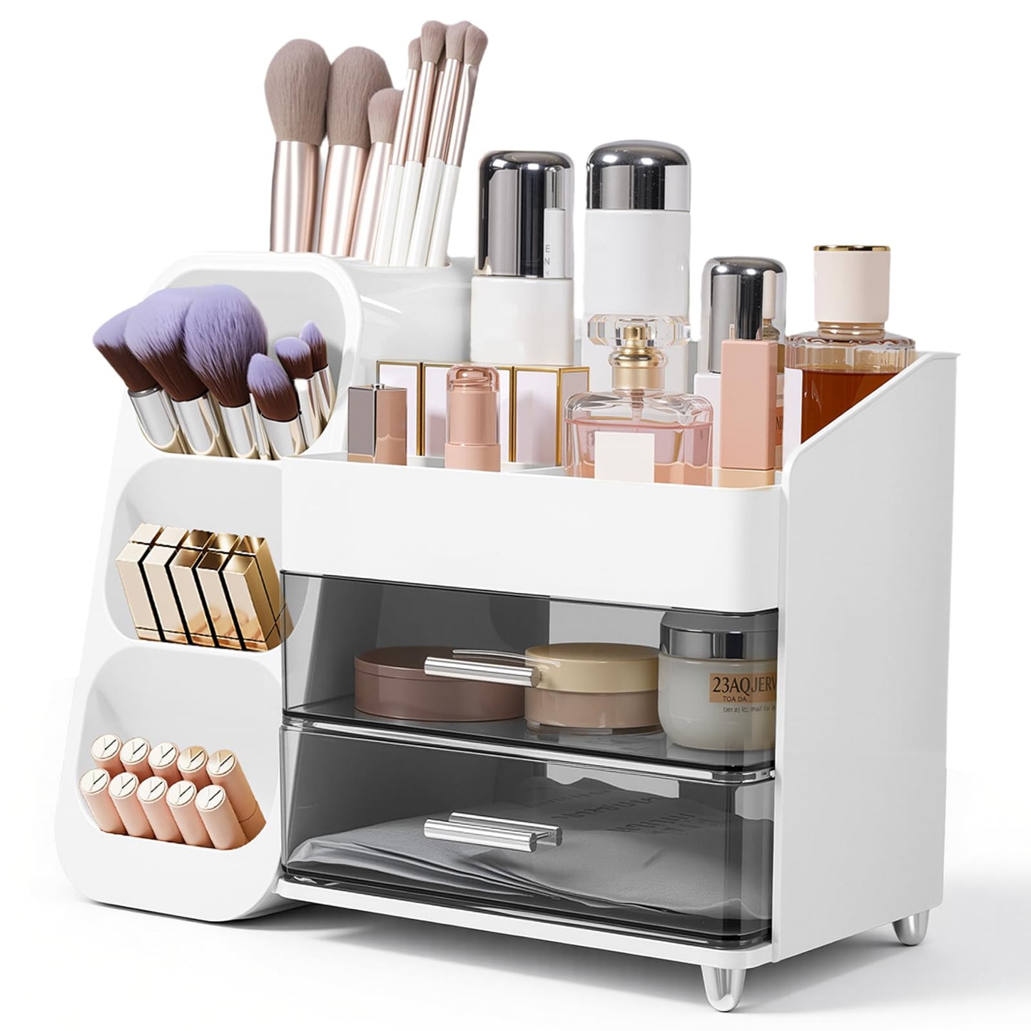 BTGGG Makeup Cosmetic Storage Box with Drawers & Makeup Brush Holder, Premium Countertop Organiser for Skincare, Lipstick, Beauty Products & Jewelry