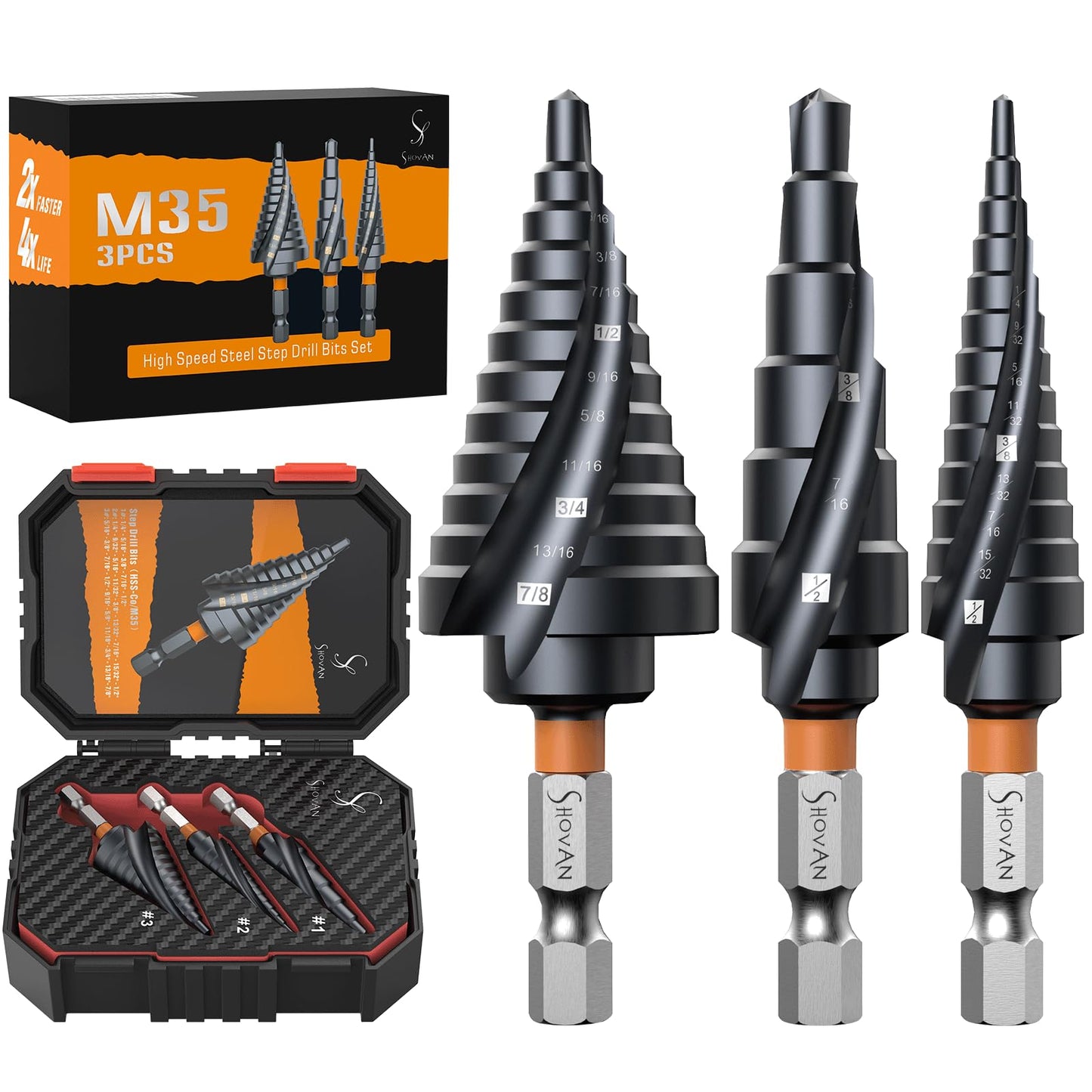 3PCS Premium HSS & Cobalt Spiral Step Drill Bit Sets (1/4"-7/8"), TiAlN Coated for Superior Durability, Cone Drill Bit for Sheet Metal, Stainless