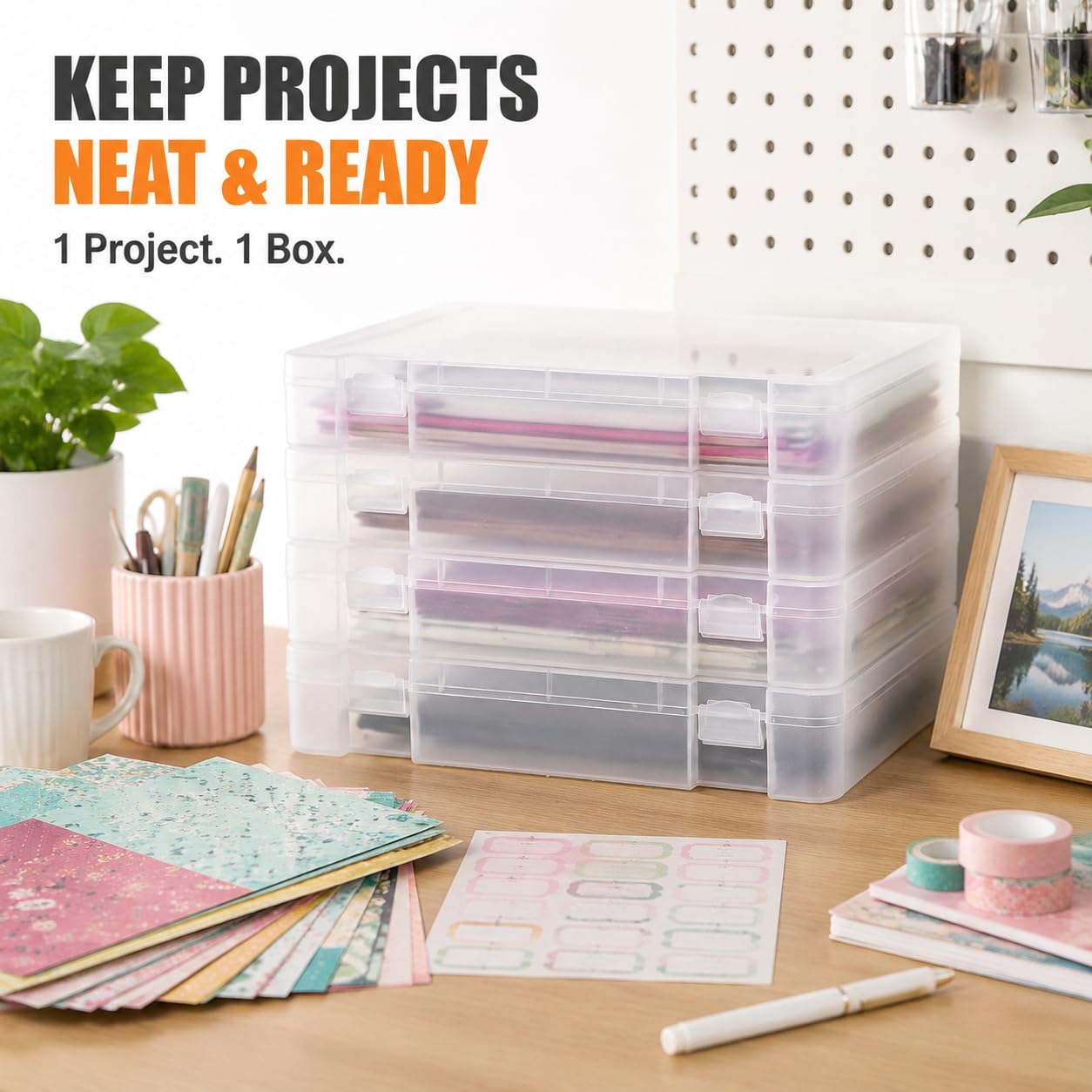 CraftGenes A4 Storage Boxes with Lids, 4 Pack