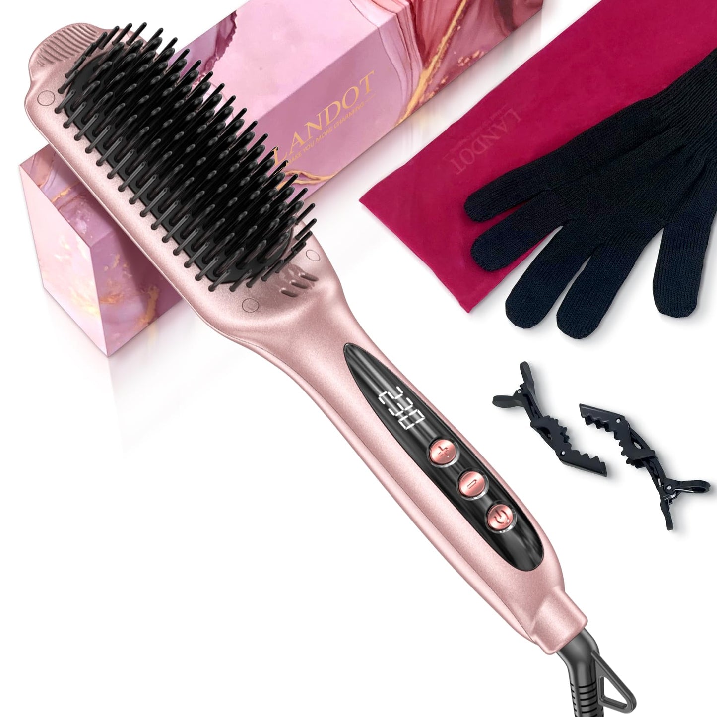 LANDOT Hair Straightener Brush for Women - Ionic Ceramic Straightening Brush for Smooth & Shiny Hair, Dual Voltage with 12 Adjustable Heat Settings