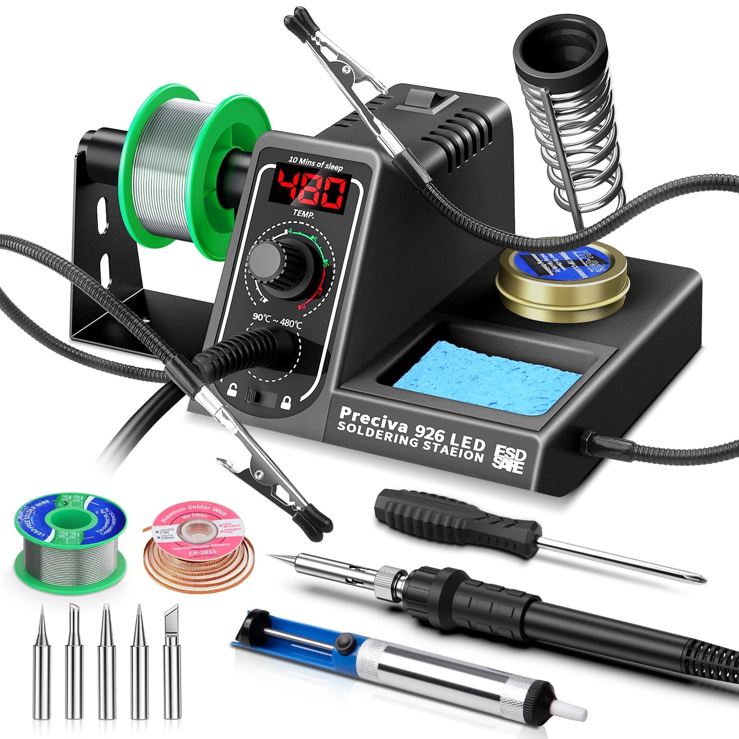 Preciva 926 LED Soldering Iron Kit, 90?-480? Soldering Station with 2 Helping Hands, 130W Digital Display Portable Solder Station, Auto Sleep Mode,
