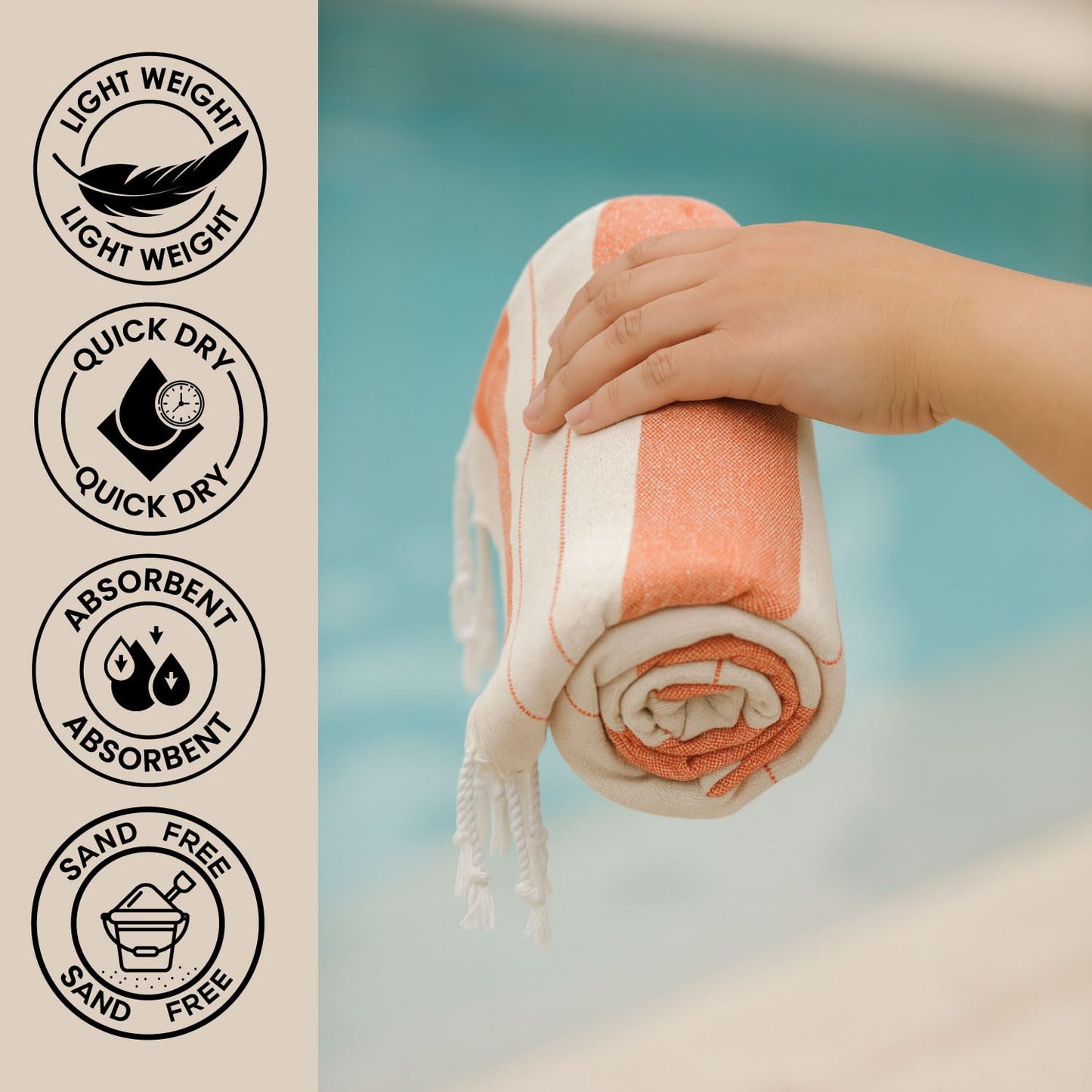 BERCA HOME Ephesus Turkish Beach Towel – Lightweight, Quick Dry, Sand Free – 100% Cotton Peshtemal Hammam & Bath Towel – 90x190 cm