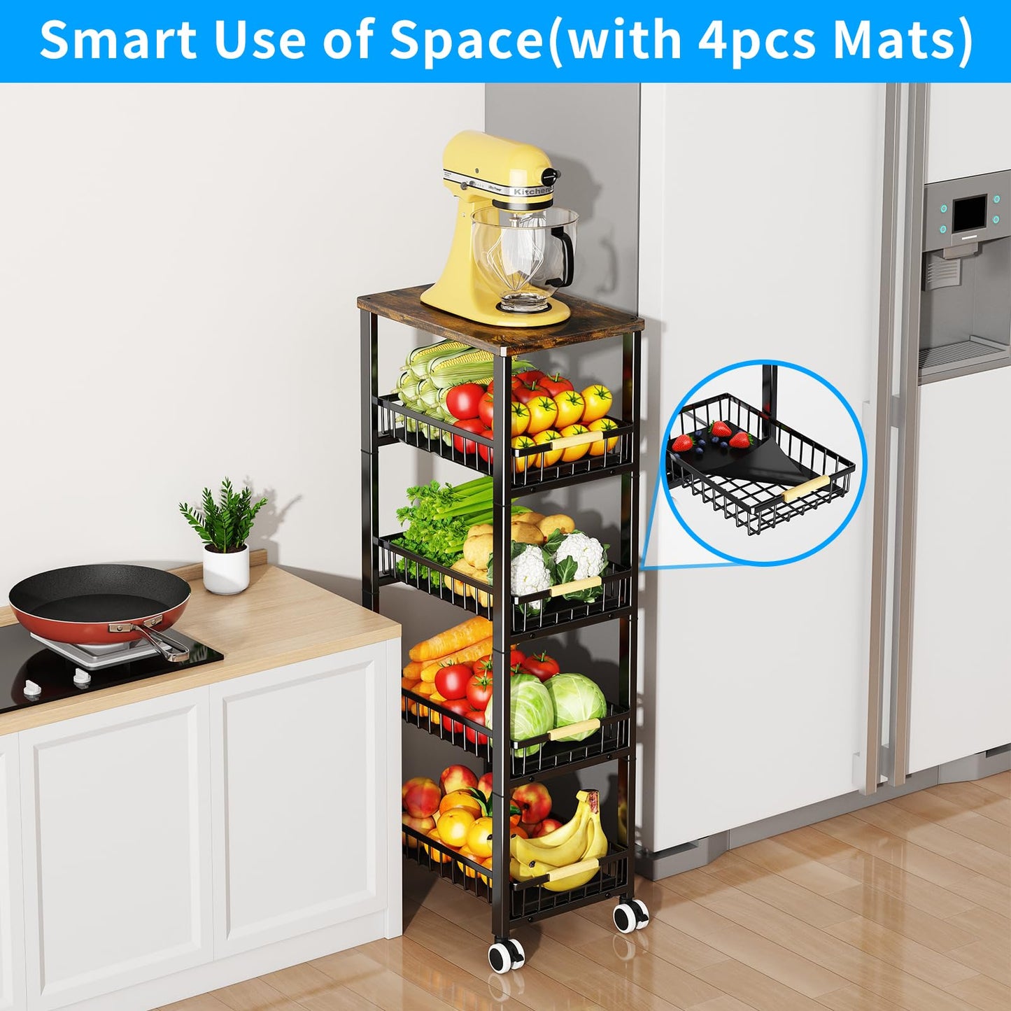 Fruit Vegetable Storage Basket for Kitchen, 5 Tier Large Pull-Out Metal Wire Baskets with 4 Pack Mats Bottom, Wood Top and Wheels, Vegetable Produce