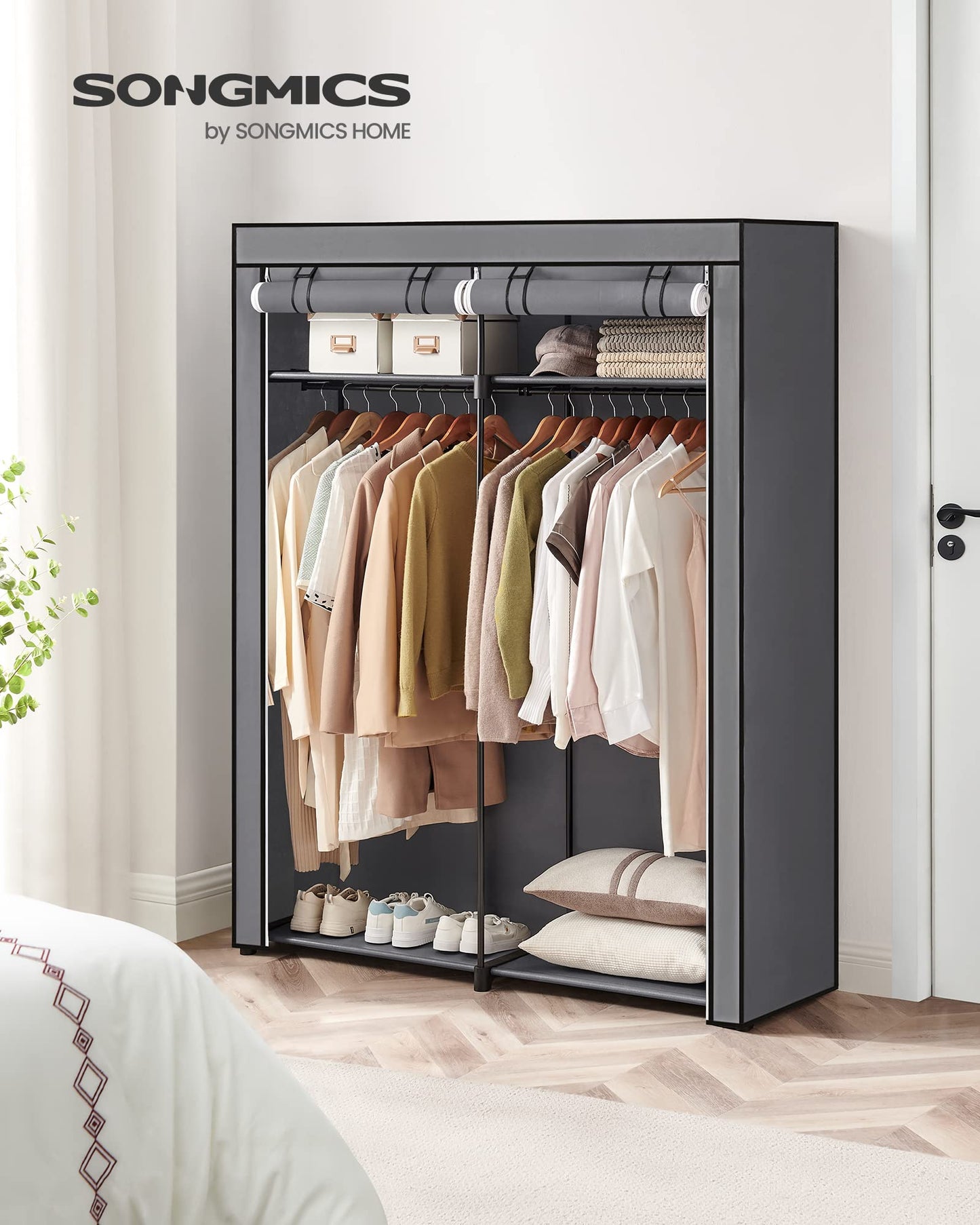 Songmics RYG02GY Wardrobe with 2 Clothes Rails, Clothes Storage, Fabric Wardrobe, Clothes Rack, Folding, for Dressing Room, Bedroom 43 x 140 x 174 cm,