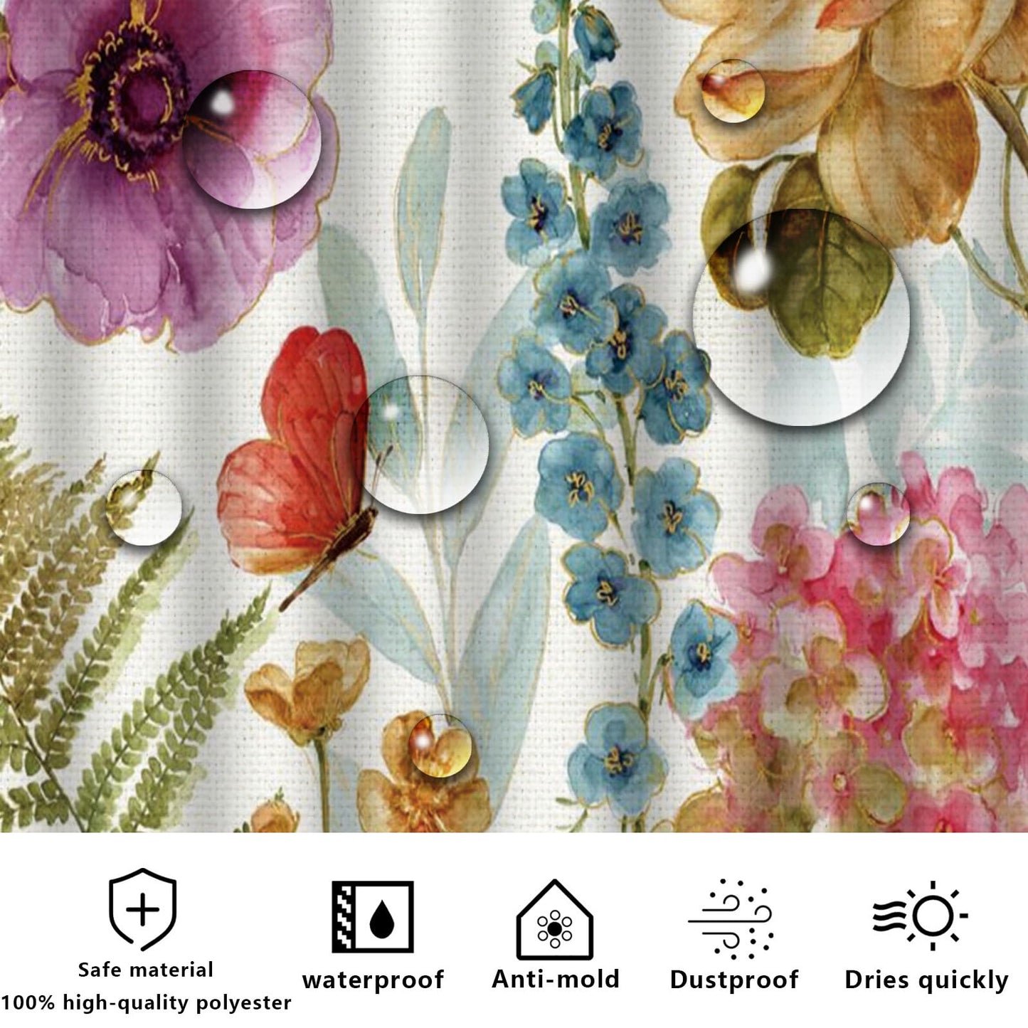 FAIRYGATE Extra Wide Shower Curtain Spring Floral Flower Green Leaves Bathroom Curtain 180 x 180 cm Waterproof Mildew & Mould Resistant Polyester