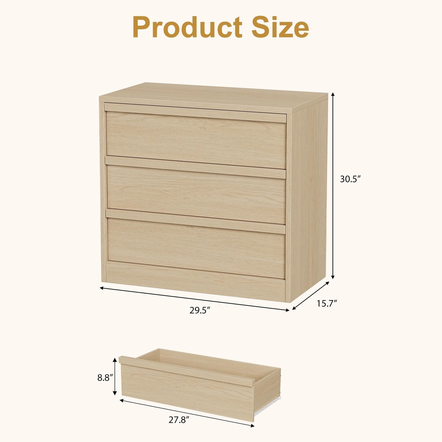 Crevyteg Modern 3-Drawer Storage Cabinet, Wooden Handle Dresser with Smooth Gliding, Sturdy Bedside Table for Bedroom, Living Room, Nursery Entryway