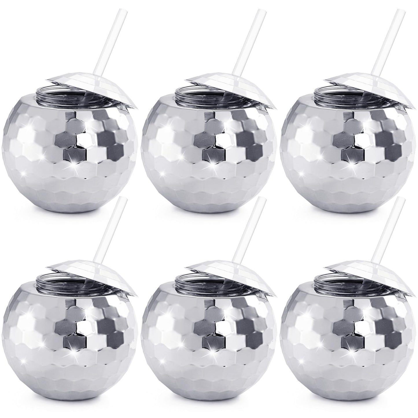 Nicunom 6 Pack Disco Ball Cups with Lids & Straws, 600ml Reusable Silver Disco Ball Tumbler 1970s Disco Flash Ball Cocktail Cup Sparkly Glitter Disco