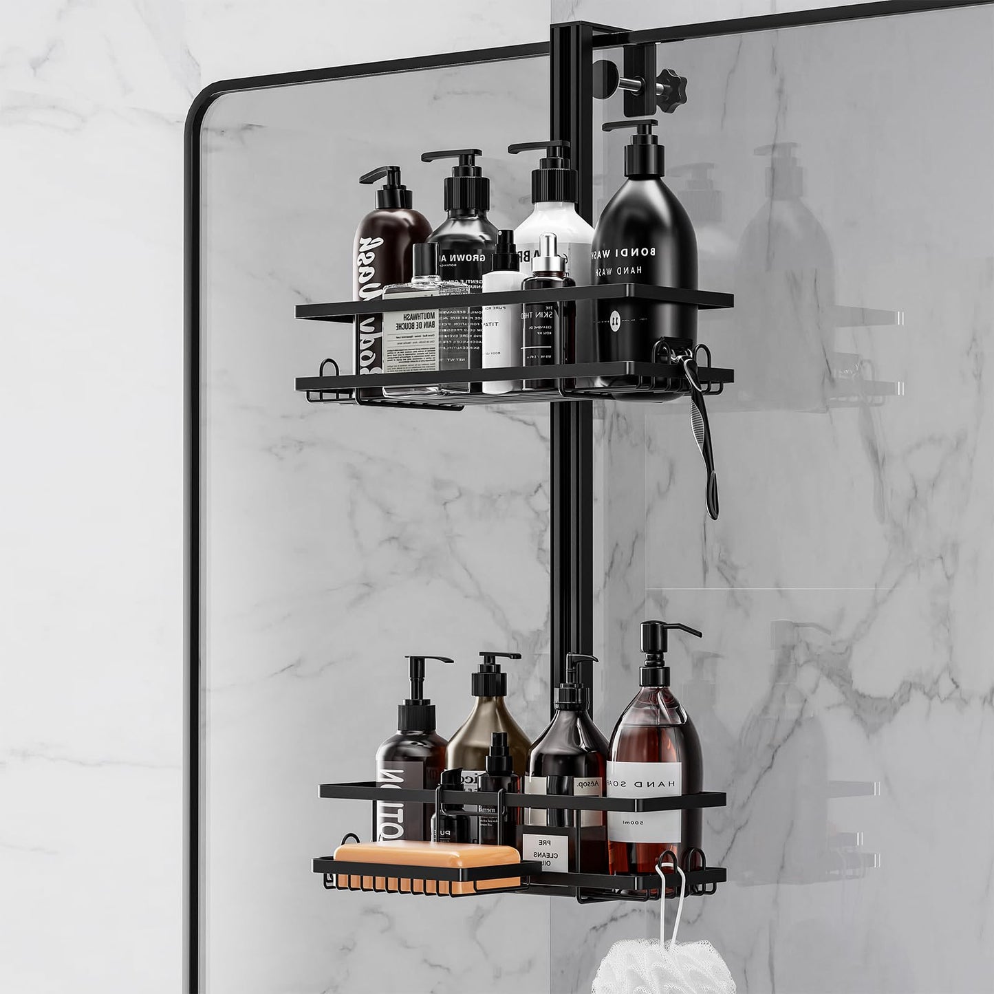 ZDDLOINP Shower Caddy Hanging With Soap Holder, Adjustable Height 2 Tier Over Door Rack, Bathroom Storage Organiser, Black Caddy With Holders for Soap