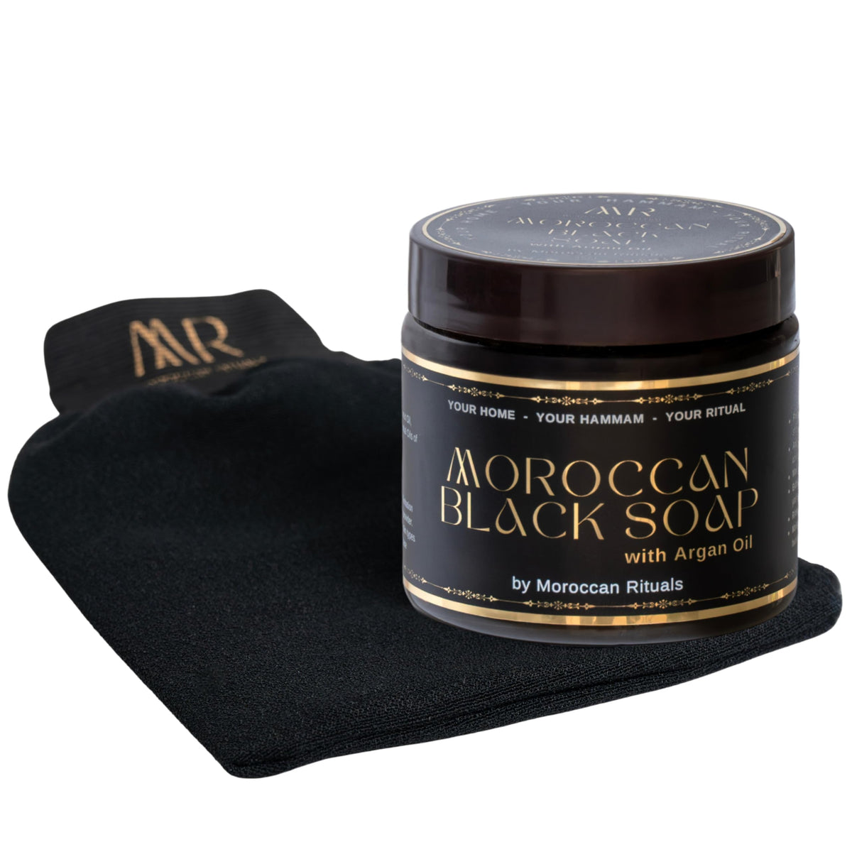 Authentic Moroccan Black Beldi Soap & Exfoliating Kessa Glove ? Traditional Hammam Body Scrub, 100% Natural, Made in Morocco (Black Argan, 200g)