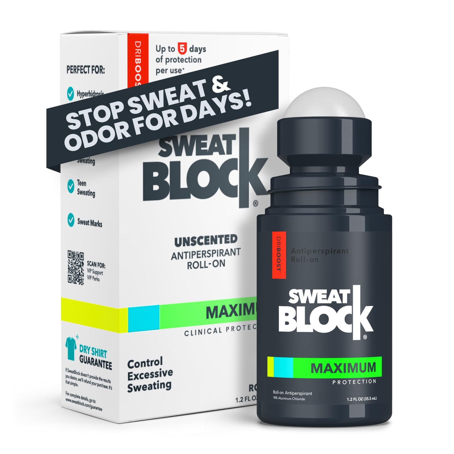 SweatBlock Antiperspirant Roll-on - Maximum Clinical Strength Antiperspirant for Women & Men perfect for Hyperhidrosis, Excessive Sweat, & Odor -
