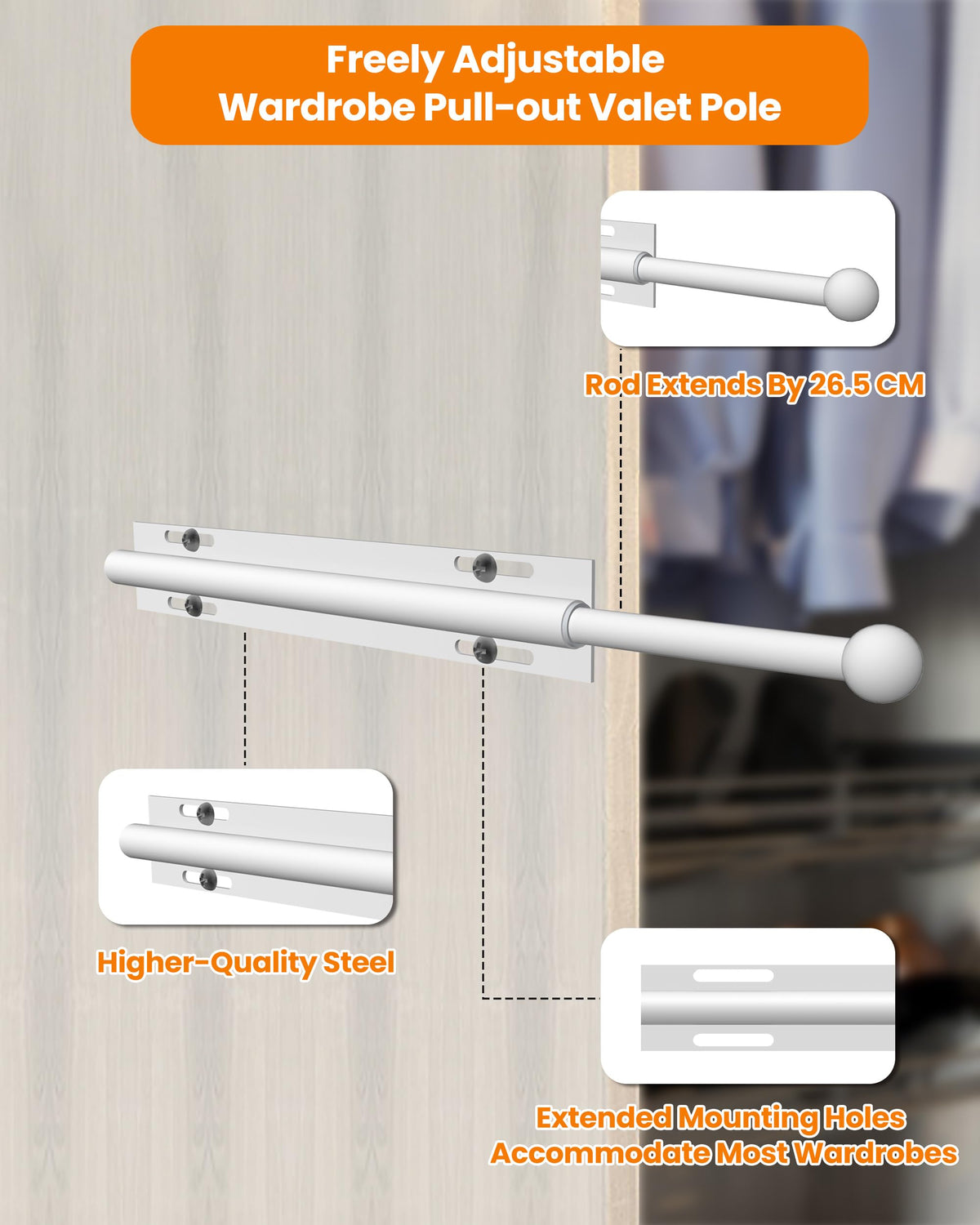 Widyana Telescopic Wardrobe Rail | Extendable Valet Rod for Clothes (12”) | Adjustable Pull-Out Hanging Rail for Suits & Next-Day Outfits, White