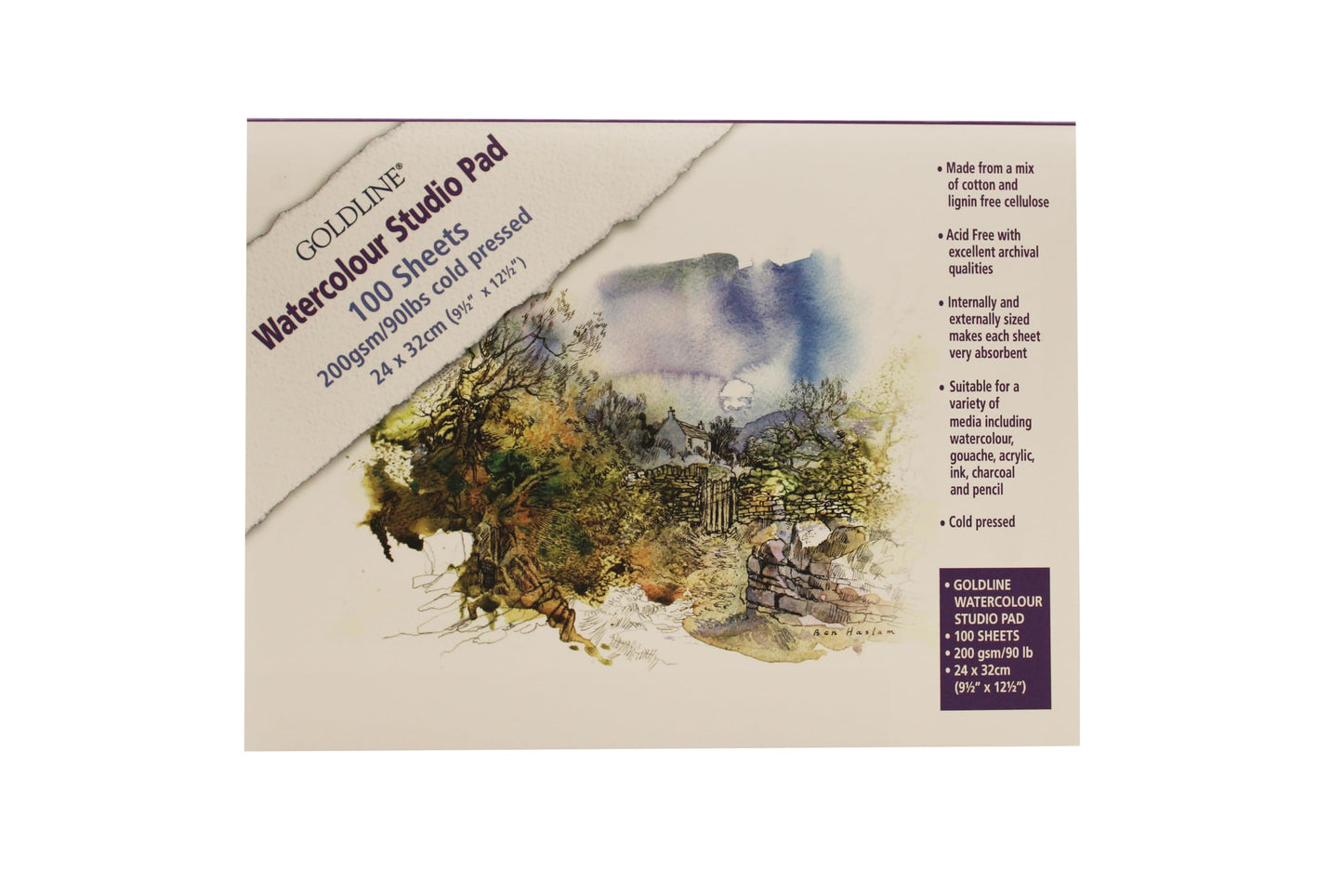 Clairefontaine - Ref 421/1021Z - Goldline Watercolour Studio Glued Pad (Pack of 100 Sheets) - 24 x 32cm in Size, 200gsm mix of cotton and cellulose,