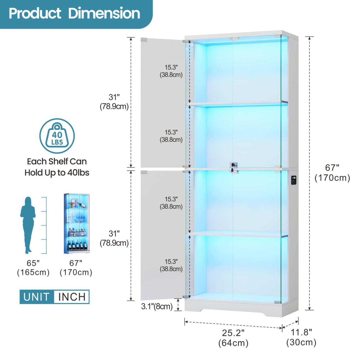 FREDEES Glass Display Cabinet with RGB Lights, 4-Tier, White