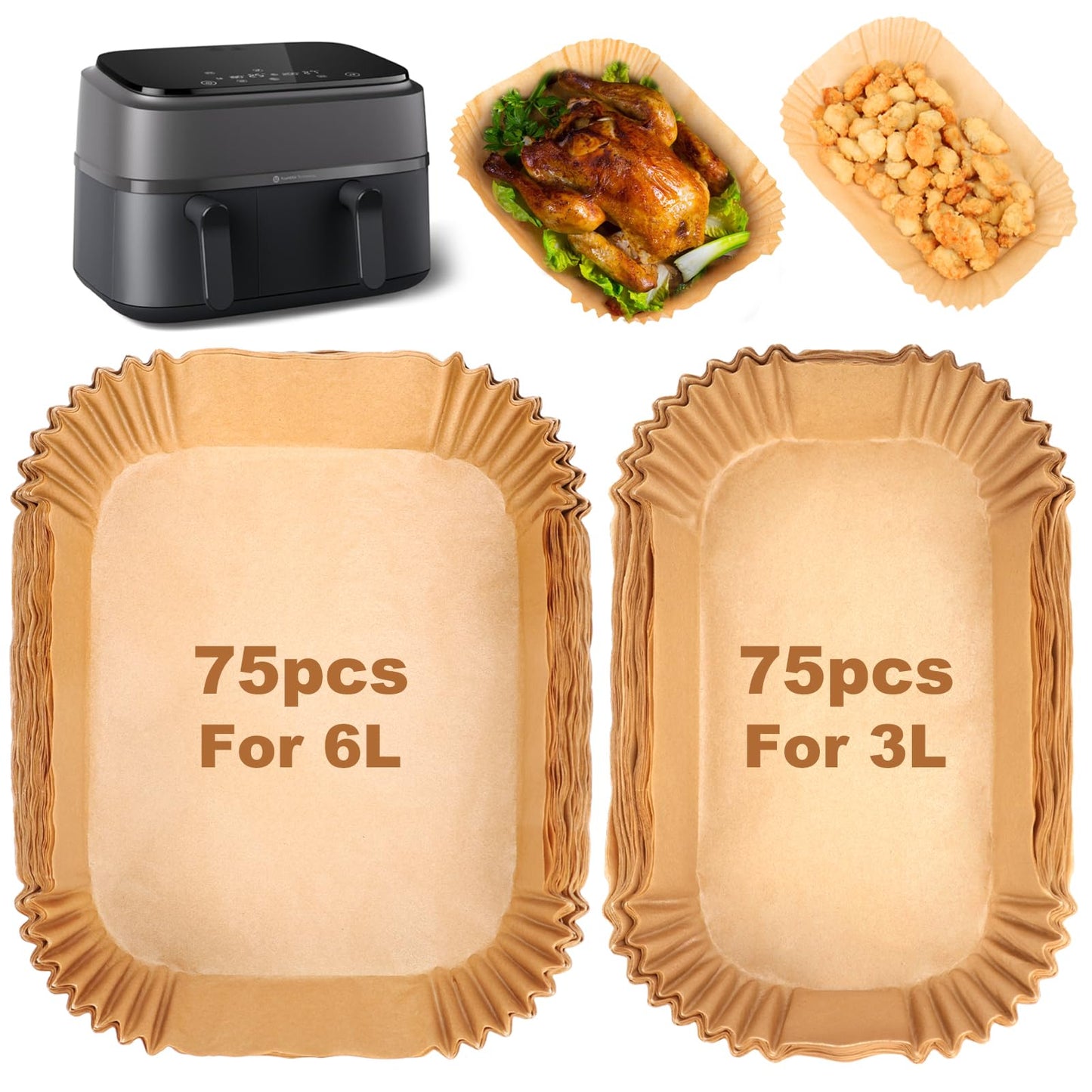 BYKITCHEN Air Fryer Liners for Philips Dual Air Fryer 3L & 6L, Tefal 5.2L & 3.1L, Cookwise 3L & 6L, Lakeland/Salter Dual Air Fryer (150PCS)