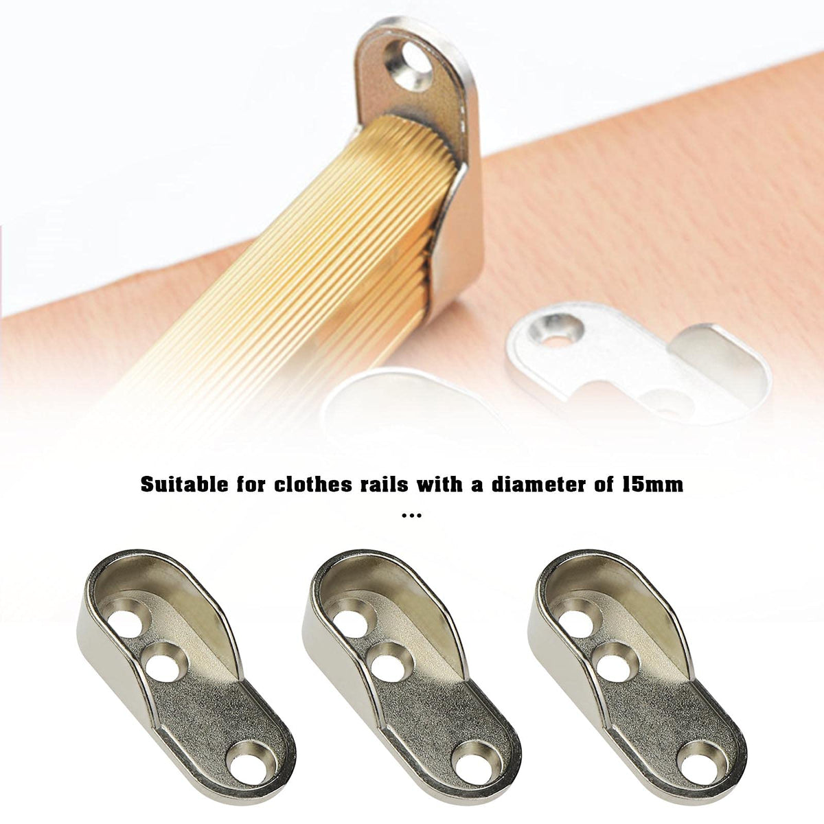 eMagTech 8pcs 3 Hole Wardrobe Rail End Supports Fit for 15mm Dia Closet Floor Curtains Ceiling Mount Rods Zinc Alloy Golden Colour 5mm Hole Dia