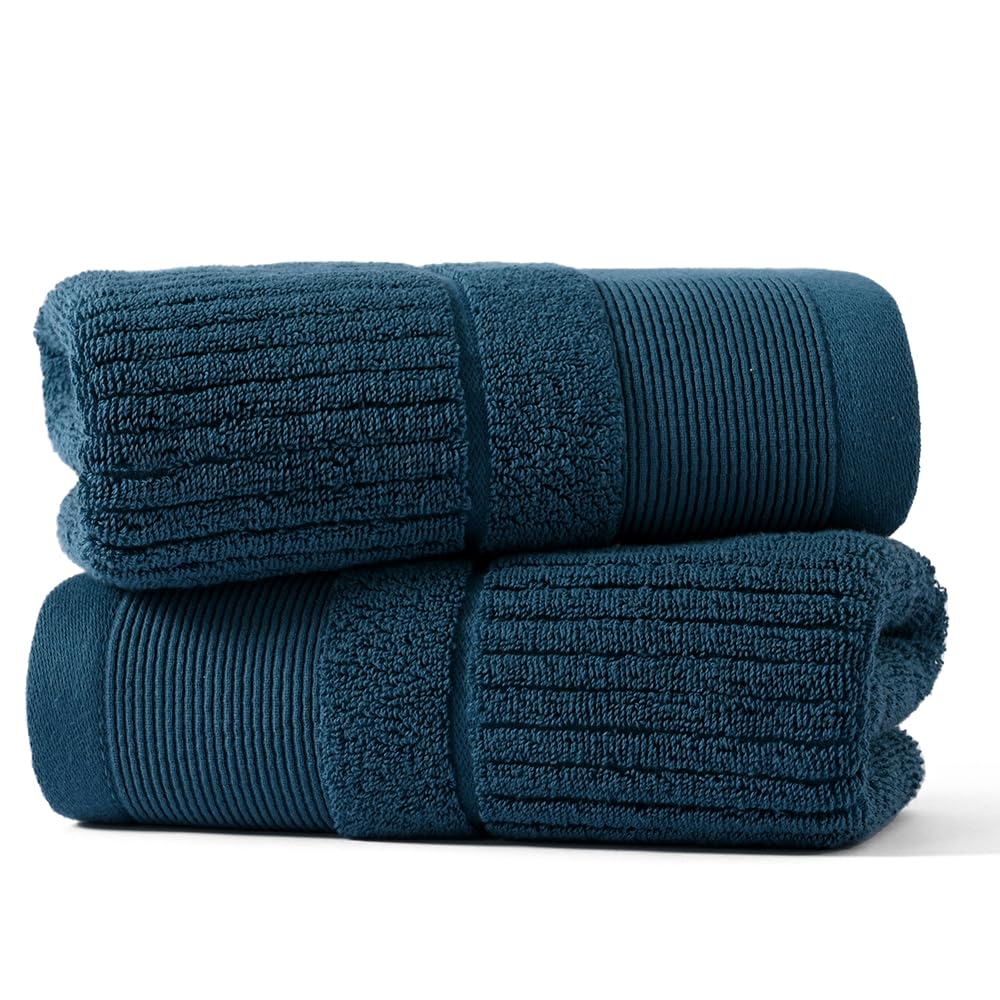 sense gnosis Super Soft Thick Hand Towel Set of 2 Ribbed Striped 100% Cotton Absorbent Decorative hand Towel for Bathroom 13 x 29 Inch, Blue Navy