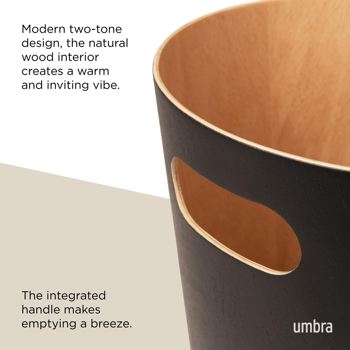 Umbra Woodrow 2 Gallon Modern Wooden Trash Can, Wastebasket, Garbage Can or Recycling Bin for Home or Office, Black/Natural