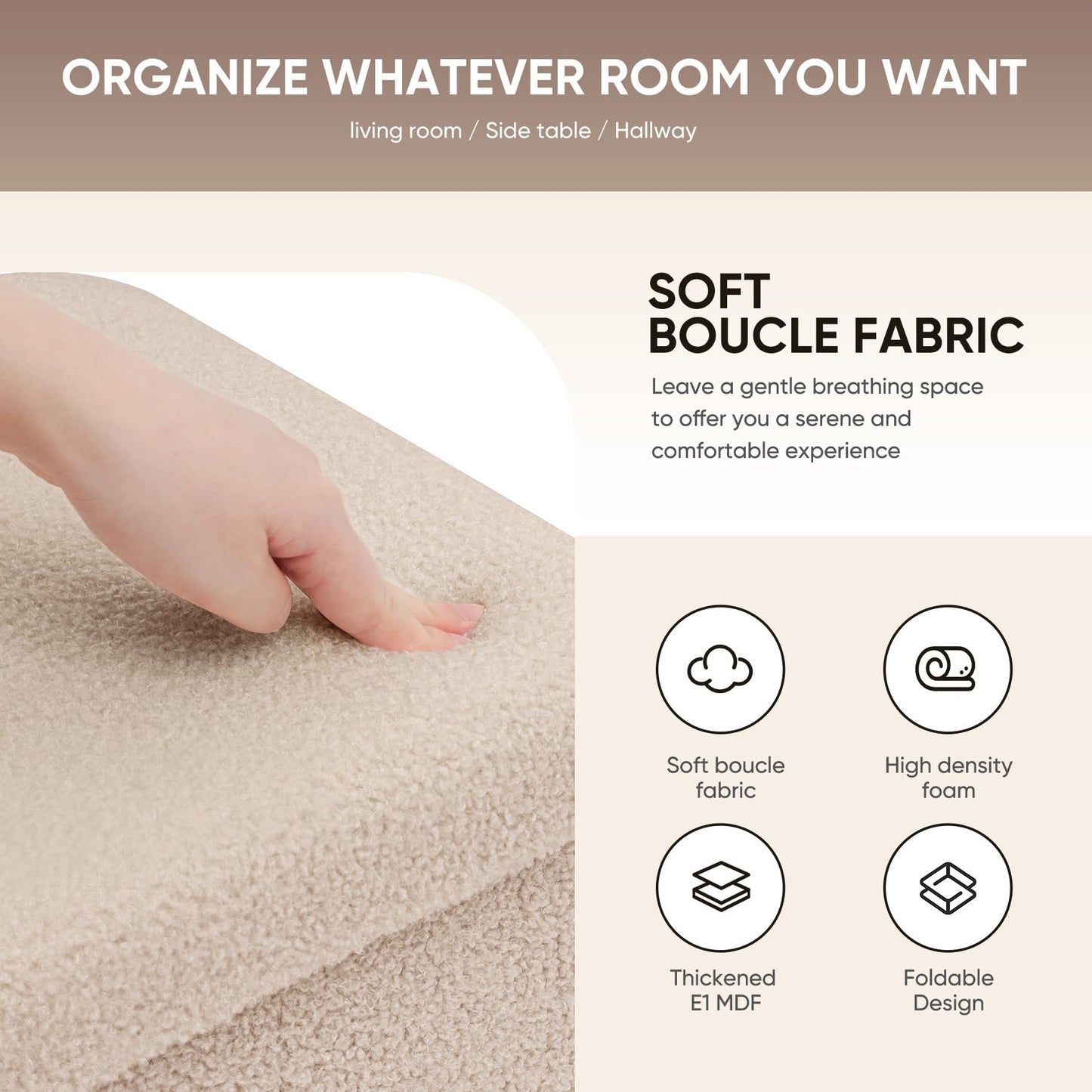 Bonlife Ottoman Bench,Large Toy Storage Box with Lid,Folding Footstool with Storage for Living Room,Hallway,Boucle Fabric,Beige,80x40x40cm
