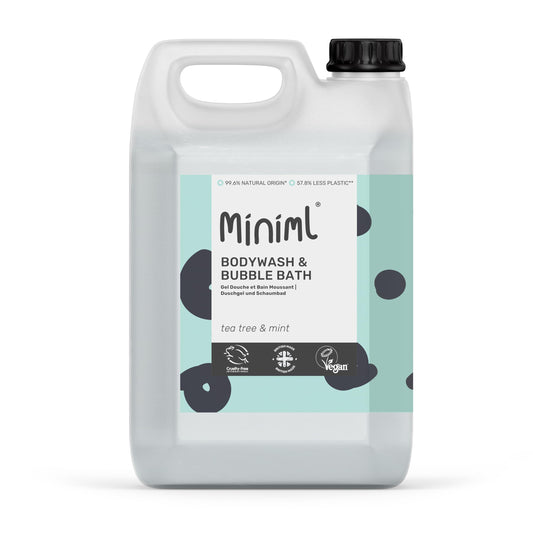 Miniml All Natural Body Wash and Bubble Bath - 5L Refill Moisturising Tea Tree and Mint Sensitive Skin Eco Shower Gel Bath Soak - Vegan Friendly Hand,