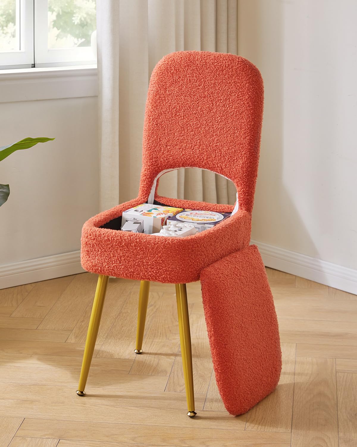 IBUYKE Storage Vanity Stool Chair with Folding Backrest, Orange WBD027J