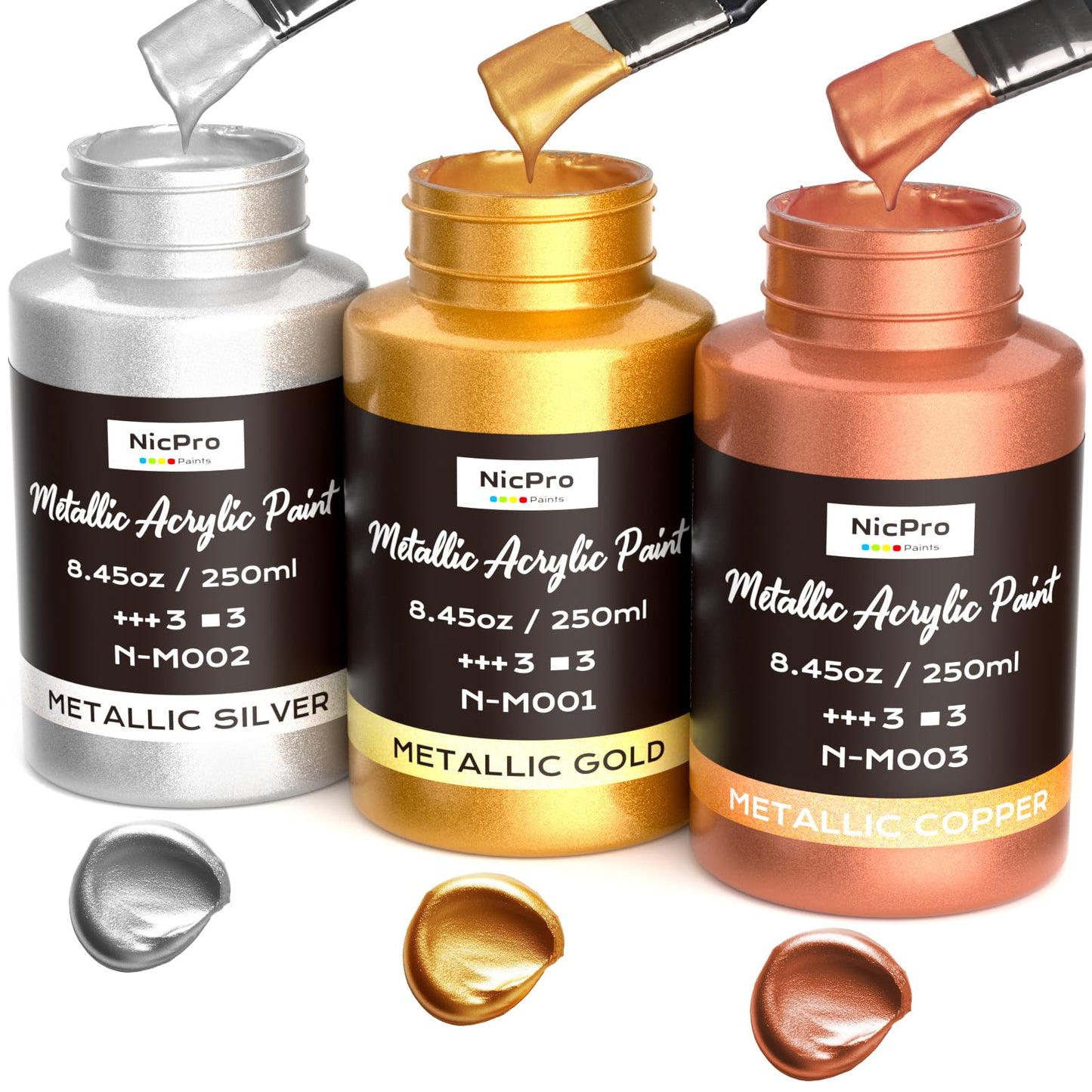 Nicpro Acrylic Paint Metallic, 3 Colors Gold, Silver, Copper 25.35oz/750ml Gold Leaf Paint, Non Toxic, Non Fading Paints for Art Painting, Handcrafts,