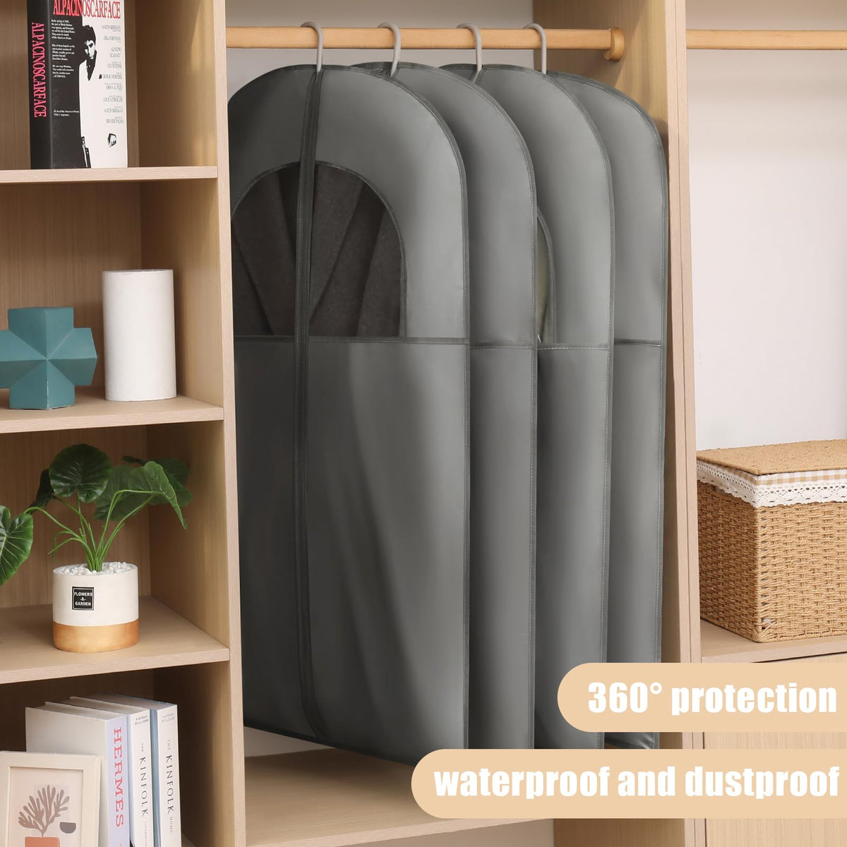 Suit Covers for Men, PEVA Garment Bags with Large Window, Grey, 60x110cm