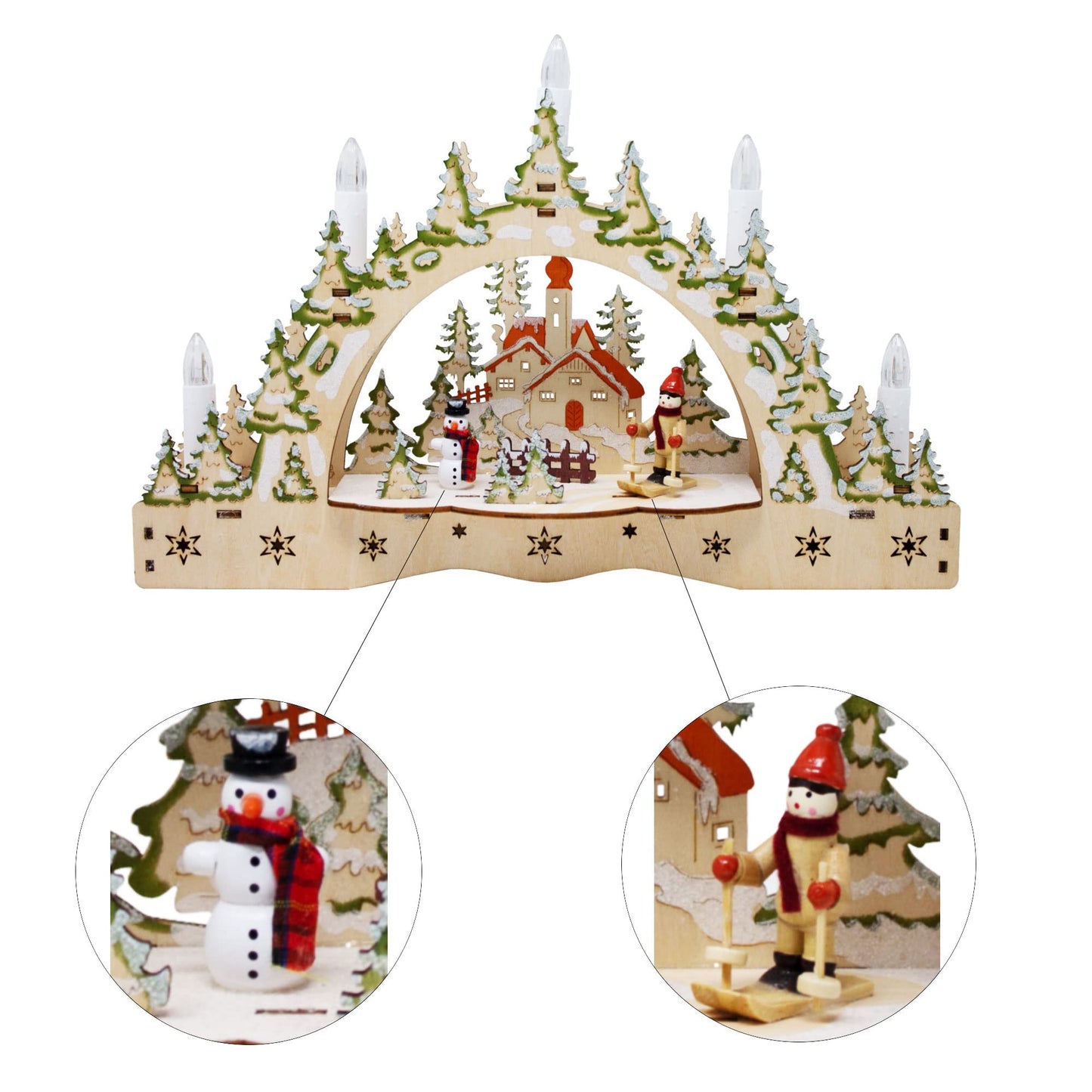 ToCi Illuminated candle arch with 5 LED candles and Christmas ski motif for Christmas decoration, window decoration and table decoration.