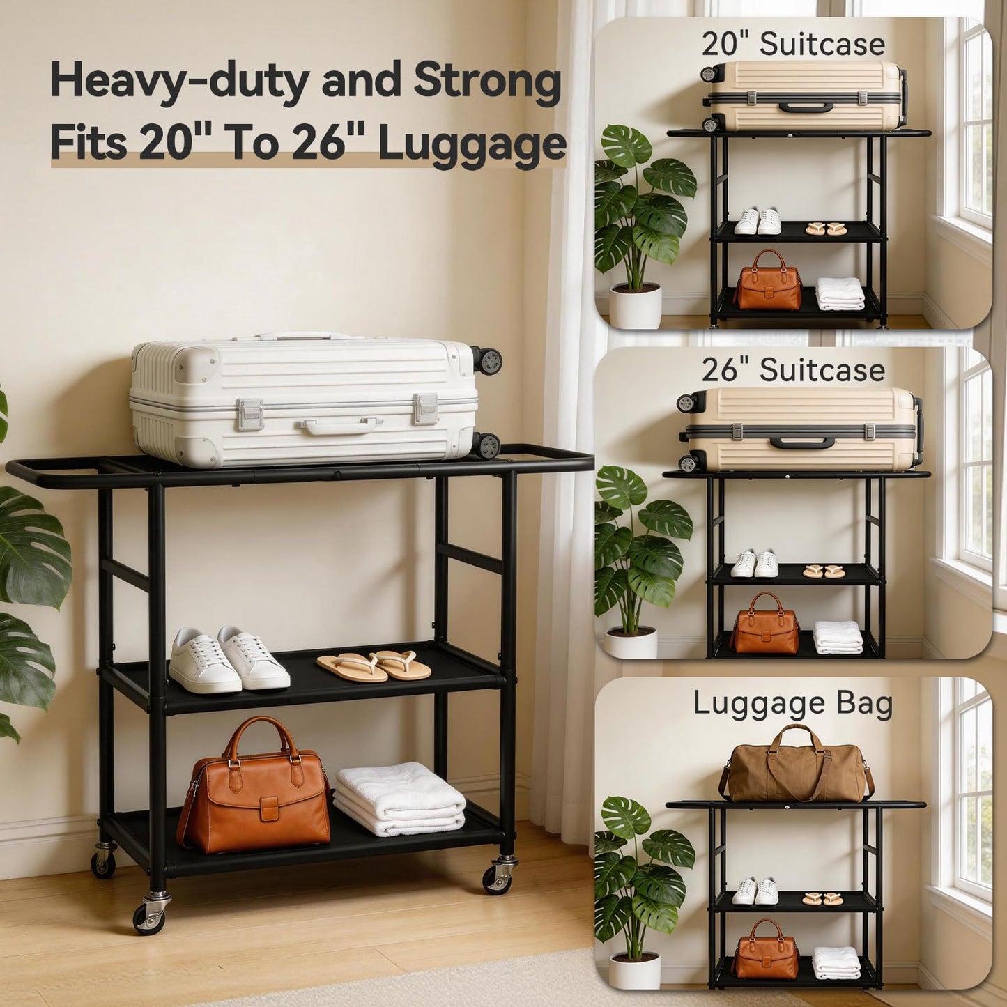 ikkle Luggage Rack for Guest Room, 3-Tier Heavy-Duty Suitcase Stands Mobile Luggage Stand with 2 Storage Shelf, Metal Luggage Holder for Guest Room