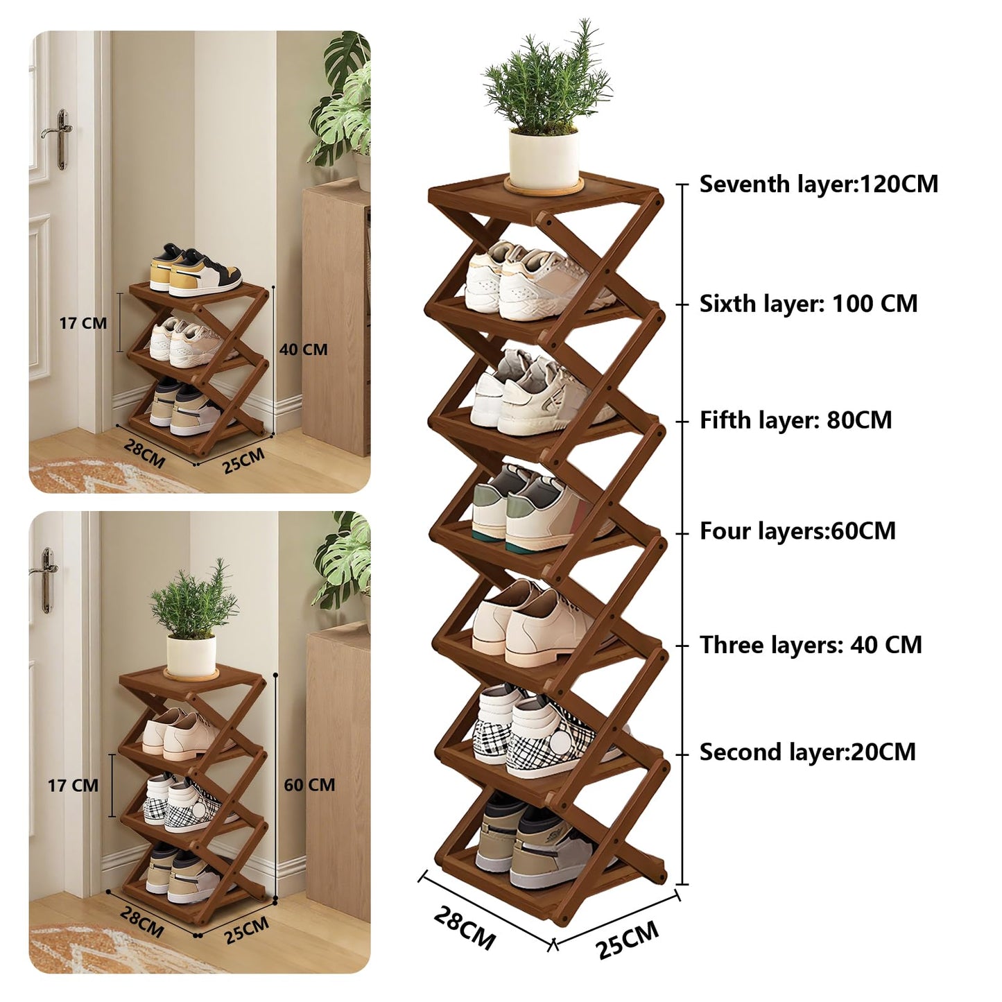 YYW Shoe Rack, Foldable Shoes Organizer Free Standing Shelf for Entryway, Closet, Hallway, Foldable X Shape Multi Tier Shoe Rack (Brown,7 Layers)