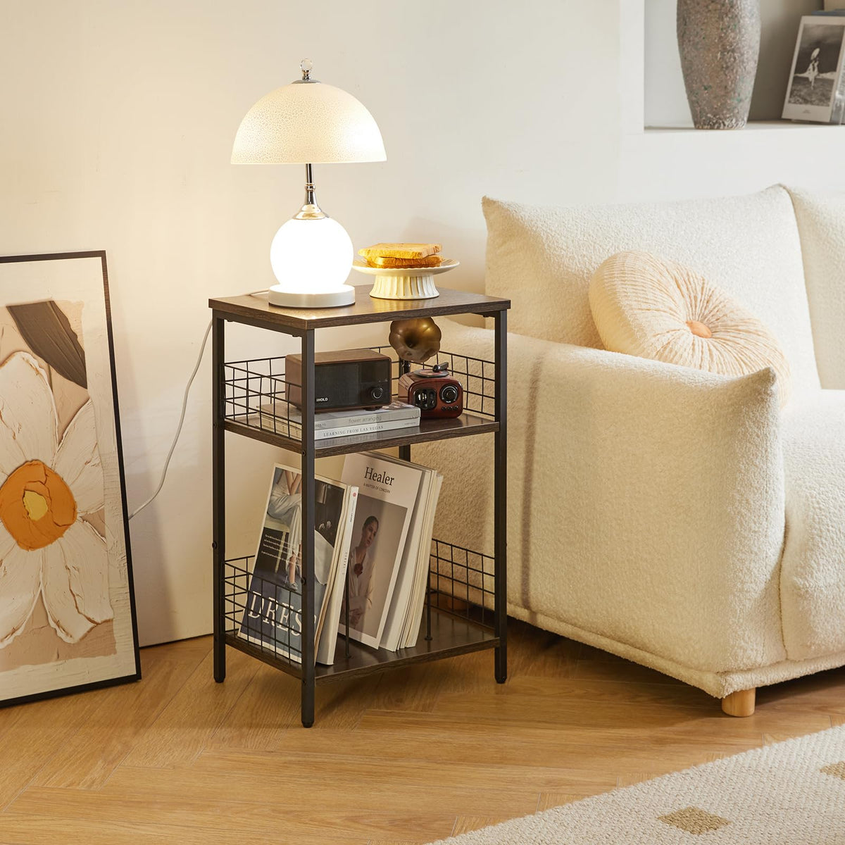 YMYNY 3 Tier End Table, Record Player Stand with Storage, Industrial Tall Side Table, Small Bookshelf, Bookcase, Display Rack, Telephone Table for