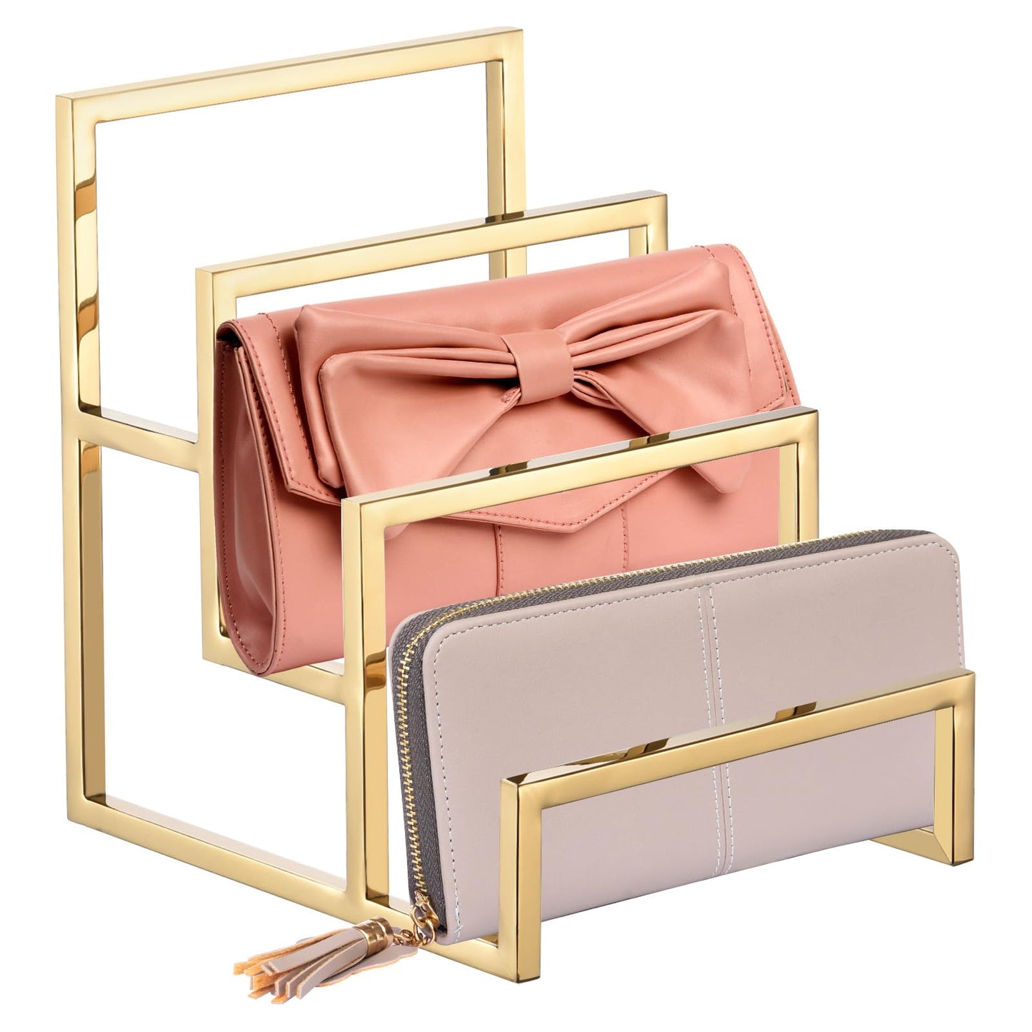 sourcing map Clutch Purse Display Stand 3 Layer Wallet Display Rack Metal Clutch Holder Riser for Home Retail Store Supplies - Gold, 2Pcs