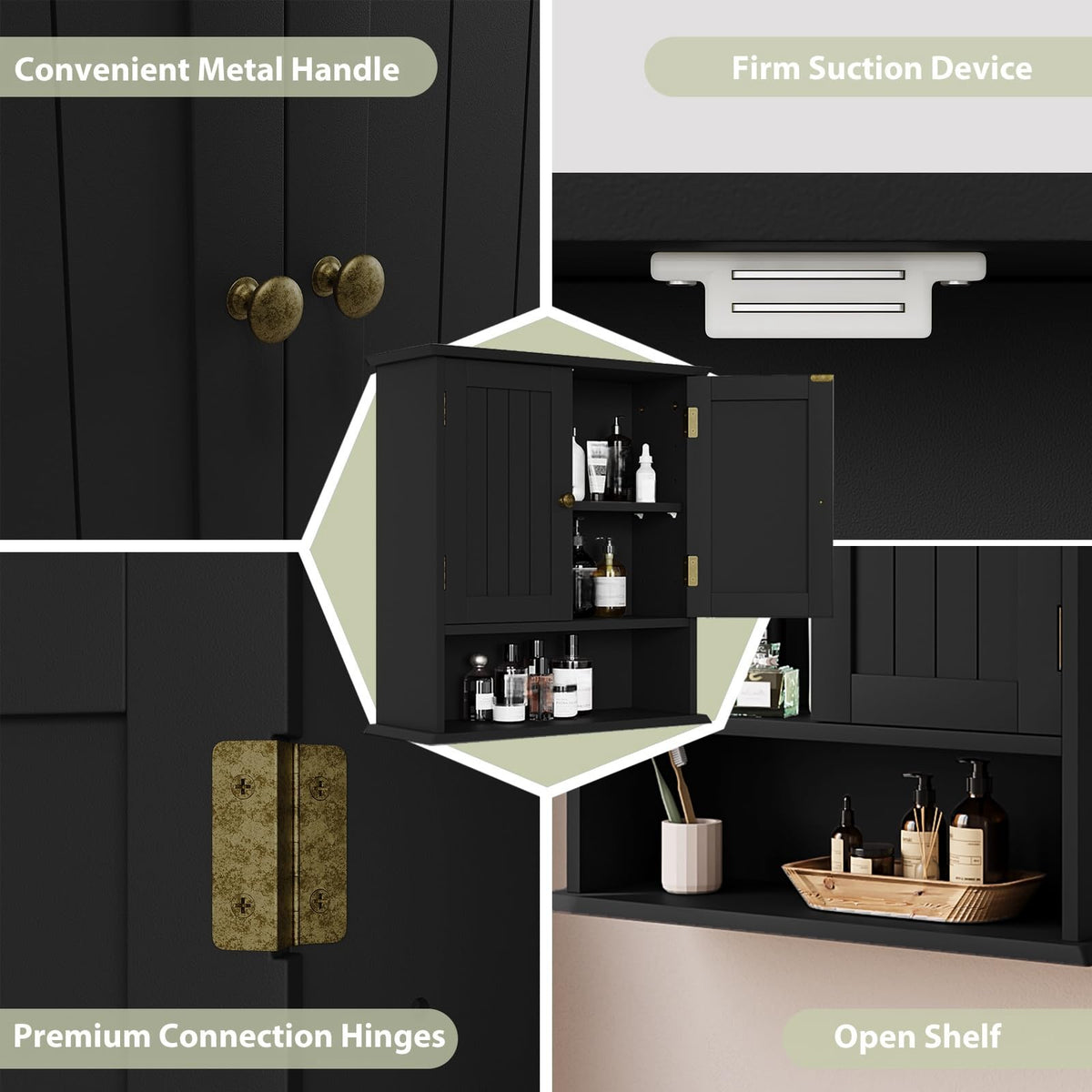 Smuxee Black Bathroom Cabinet, 2-Door Wall Mounted Medicine Cabinet with 5 Adjustable Shelves, 21.5L x 7.8W x 23.6H in., Bathroom Storage