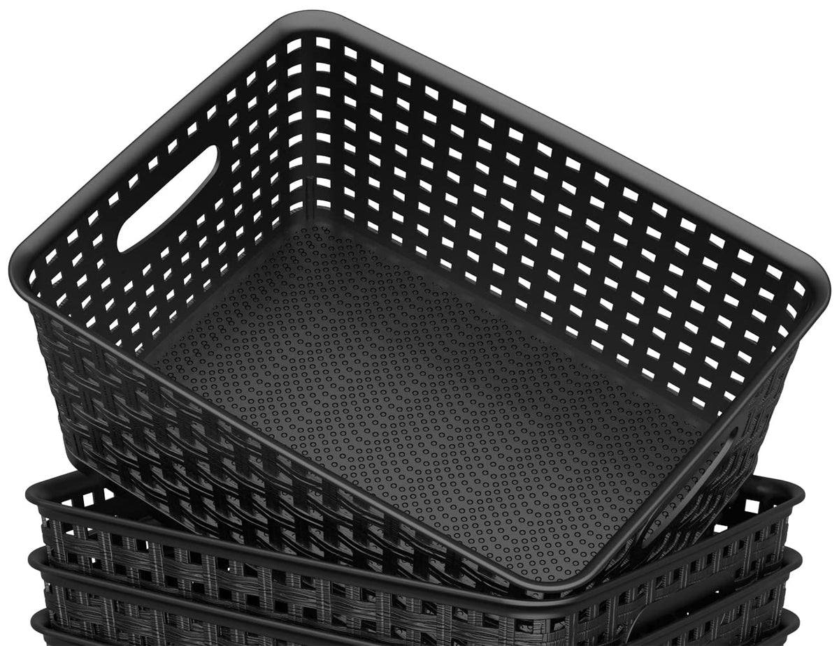Woven Storage Organizer Basket, 6-Pack Black Plastic Weave Baskets, 10.1" x 7.55" x 4.1"