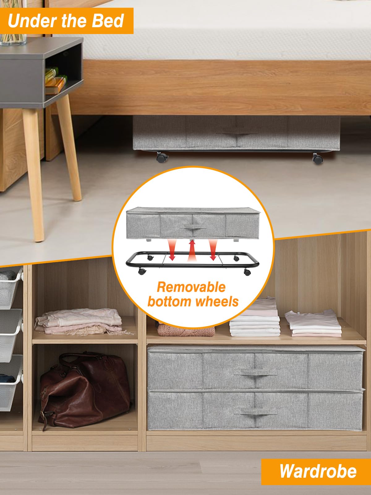 JUPELI Under Bed Storage on Wheels, Extra Large 50L Foldable Under Bed Storage Organiser, 2 Pack Underbed Storage on Wheels, Rolling Underbed Storage
