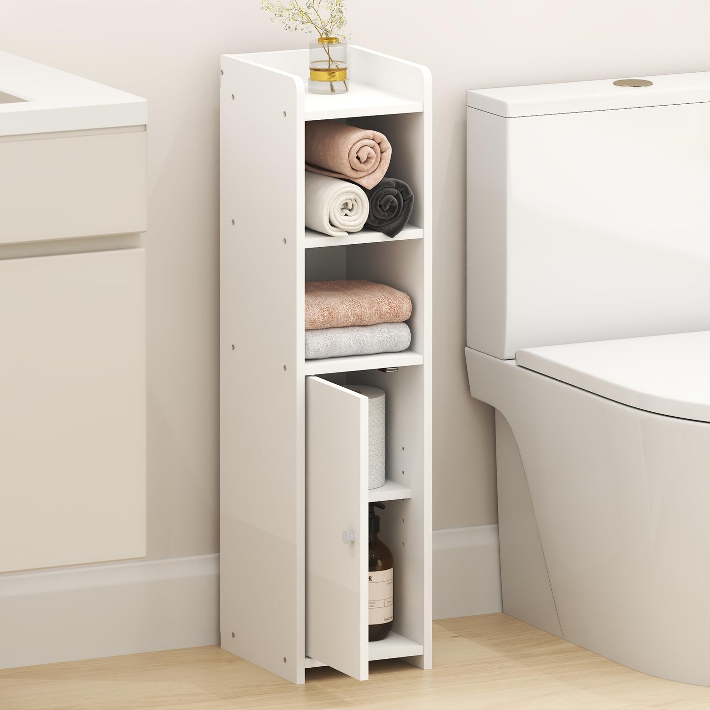 Furinno FULDA Bathroom Storage Cabinet, 5-Tier Bathroom Cabinet, Narrow Cabinet with Door and Adjustable Shelves, 80cm H, for Small Spaces, Bathroom