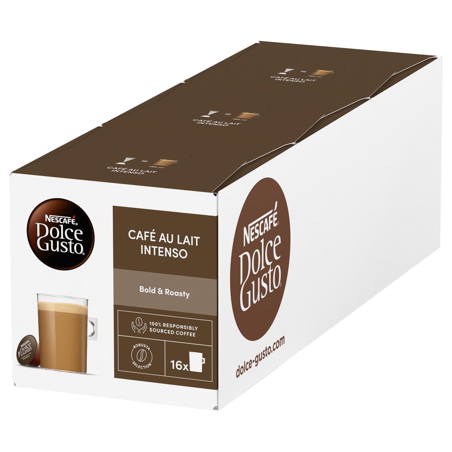 NESCAF? Dolce Gusto Caf? Au Lait Intenso Coffee Pods, Bold & Roasty, 3 Packs of 16 Capsules (Total 48 Drinks)