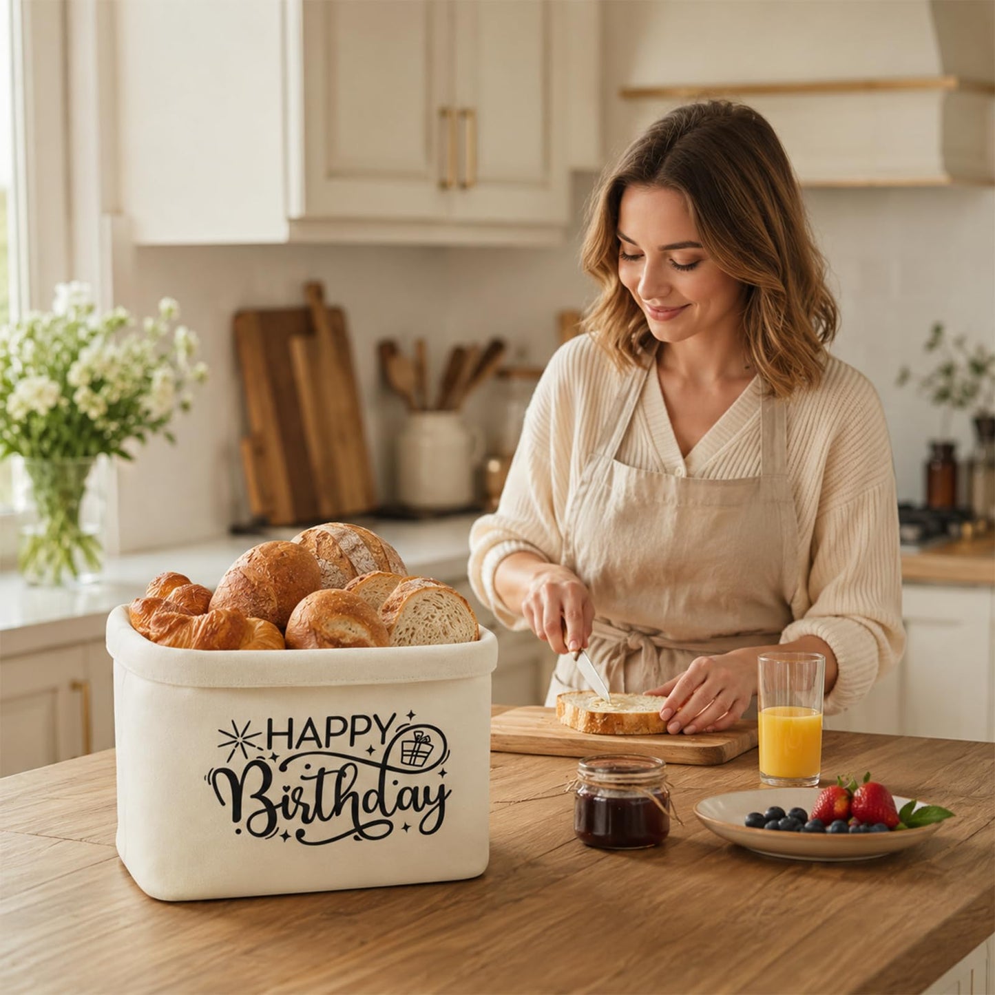 Happy Birthday Canvas Storage Baskets, Birthday Gifts for Women, Waterproof Bread Storage Bags for Kitchen Decor, Friend, Women