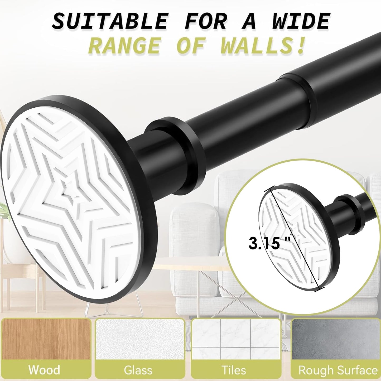 VIOREMOS Tension Curtain Rod 31 to112 In Extra Long Curtain Rod Adjustable Pole Heavy Duty Spring Matte Black Shower Curtain Rod for Bathroom Windows