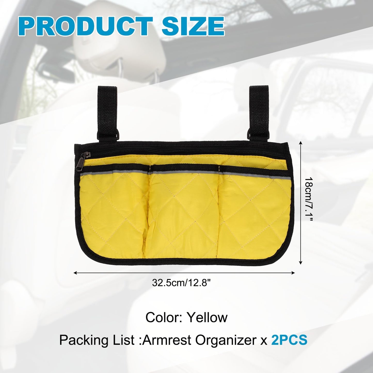YELARXI Beach Chair Armrest Bag, Beach Side Bag Hanging Storage Organizer with Reflective 4 Pockets Waterproof Pouch 13 x 7" & 2Pcs & Yellow