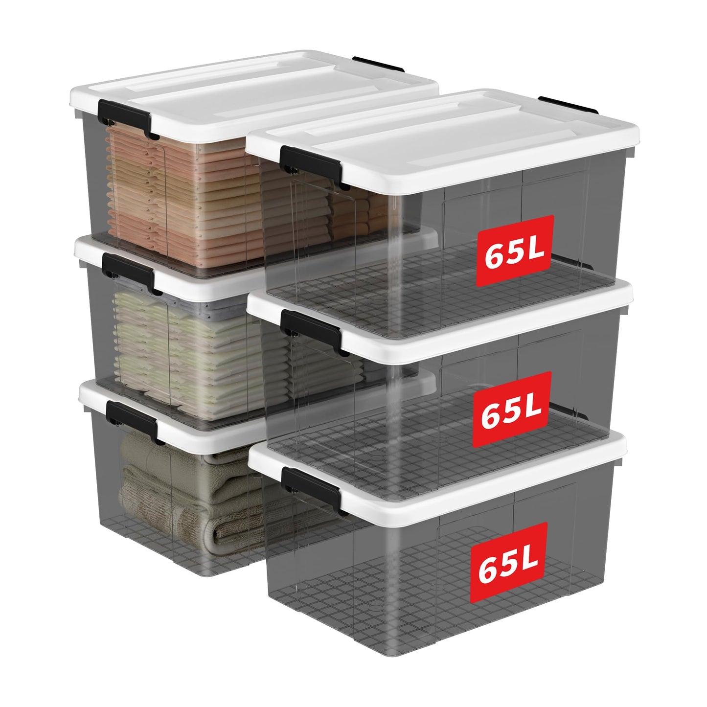 Cetomo 65L* 6Storage Boxes, Plastic Storage Box with Lids, Organizing Container with Secure Latching Buckles, Stackable, Nestable
