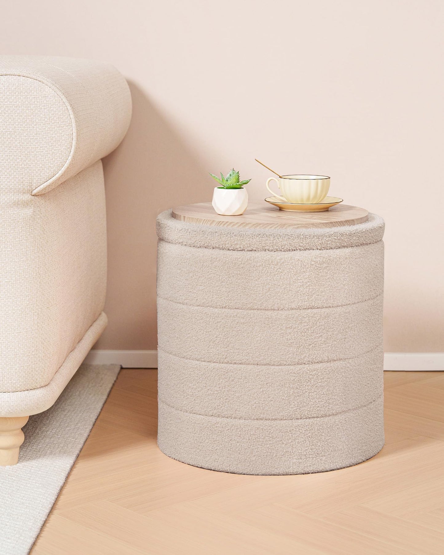 Bonlife Boucle Ottoman Storage, Foot Rest Stool Seat, Folding Footstool for Living Room, Sherpa Ottoman for Bedroom, Beige, 43x43x45 cm