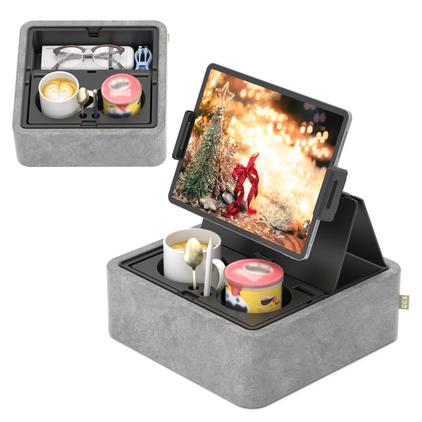 KDD Tablet Pillow Stand, Adjustable iPad Holder for Bed, Lap and Desk with Two Cup Holder and Storage Tray, 360?Rotating Clip Soft Dock Compatible