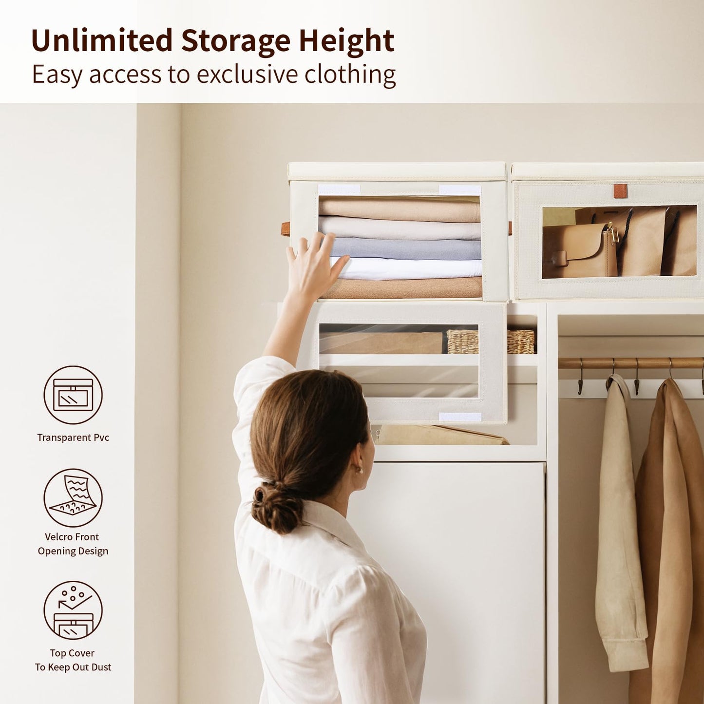 DIMJ Wardrobe Storage Box with Lid - 2 Pack Collapsible Bins with Handle and Front Window