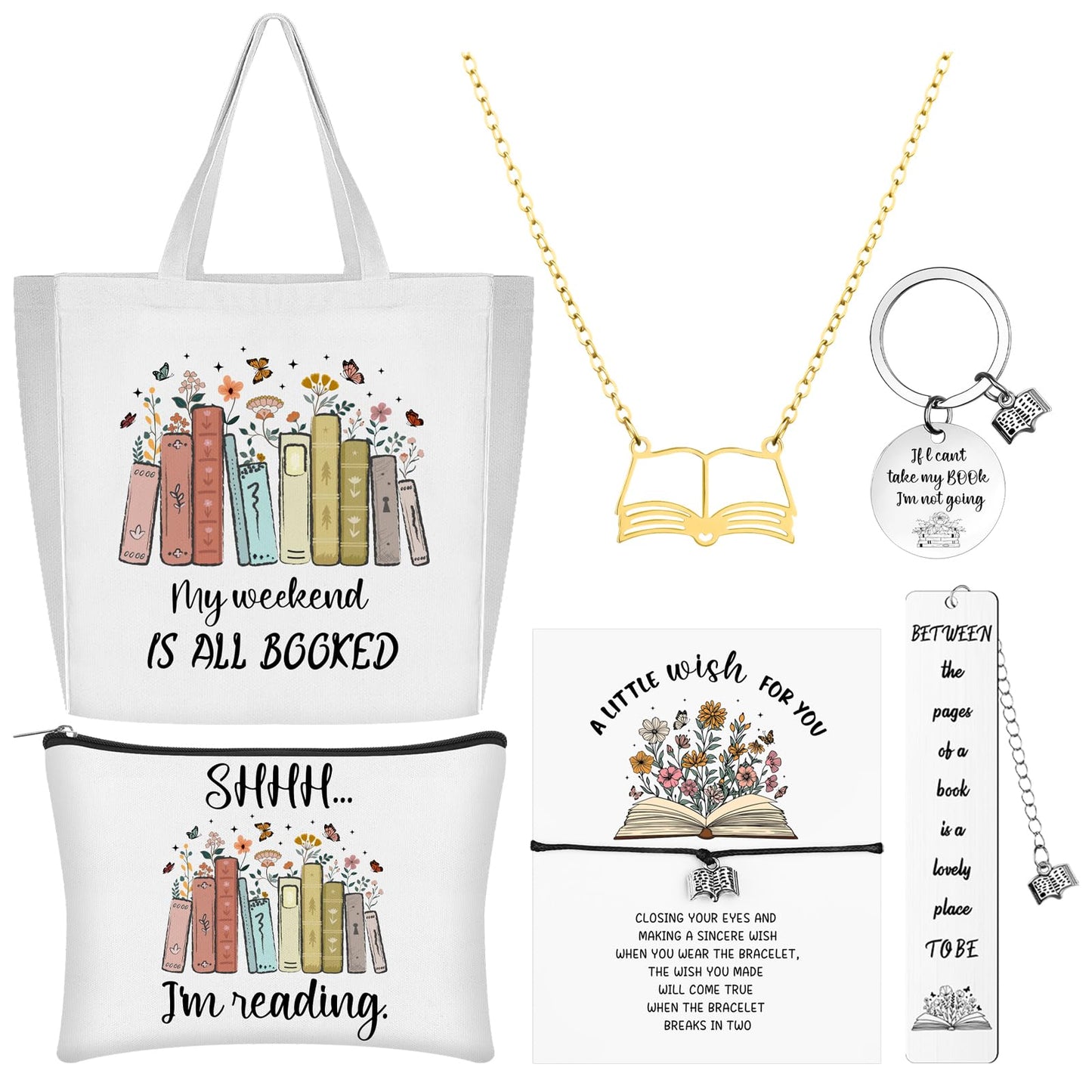 HAOWANWW 7 Pcs Book Lover Gifts Set for Women Gifts for Book Lovers Makeup Bag Canvas Tote Bag Bookworm Bracelet Necklace with Wish Card Bookmark