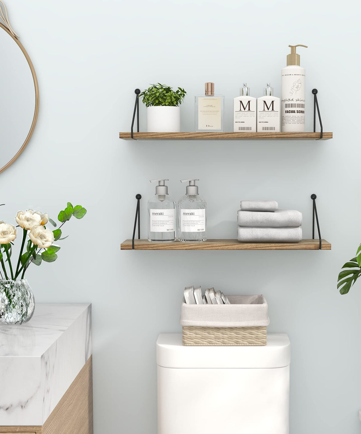 SUMGAR Long Floating Shelves for Wall Rustic Wood Shelf 60CM for Bathroom Kitchen bedroom living room office Wooden Storage Rack Set of 2 With Bracket