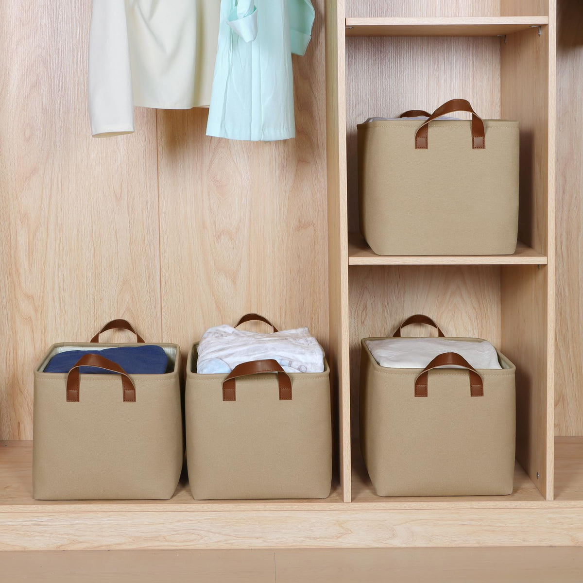 Syeeiex Storage Baskets for Shelves 4 Pack, Fabric Storage Boxes with Leather Long Handles, Foldable Storage Basket for Toys, Clothes